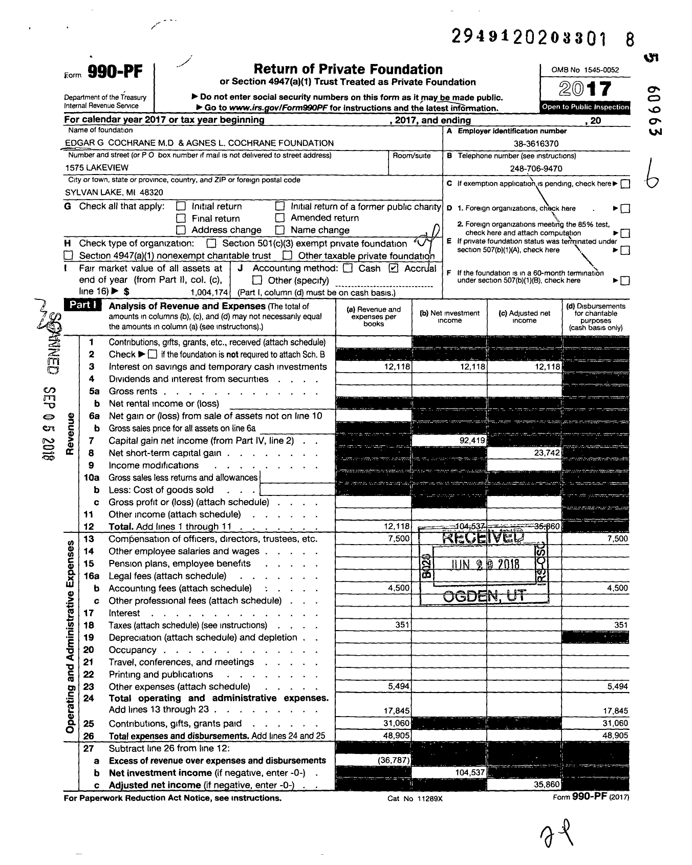 Image of first page of 2017 Form 990PF for Edgar G Cochrane MD and Agnes L Cochrane Foundation