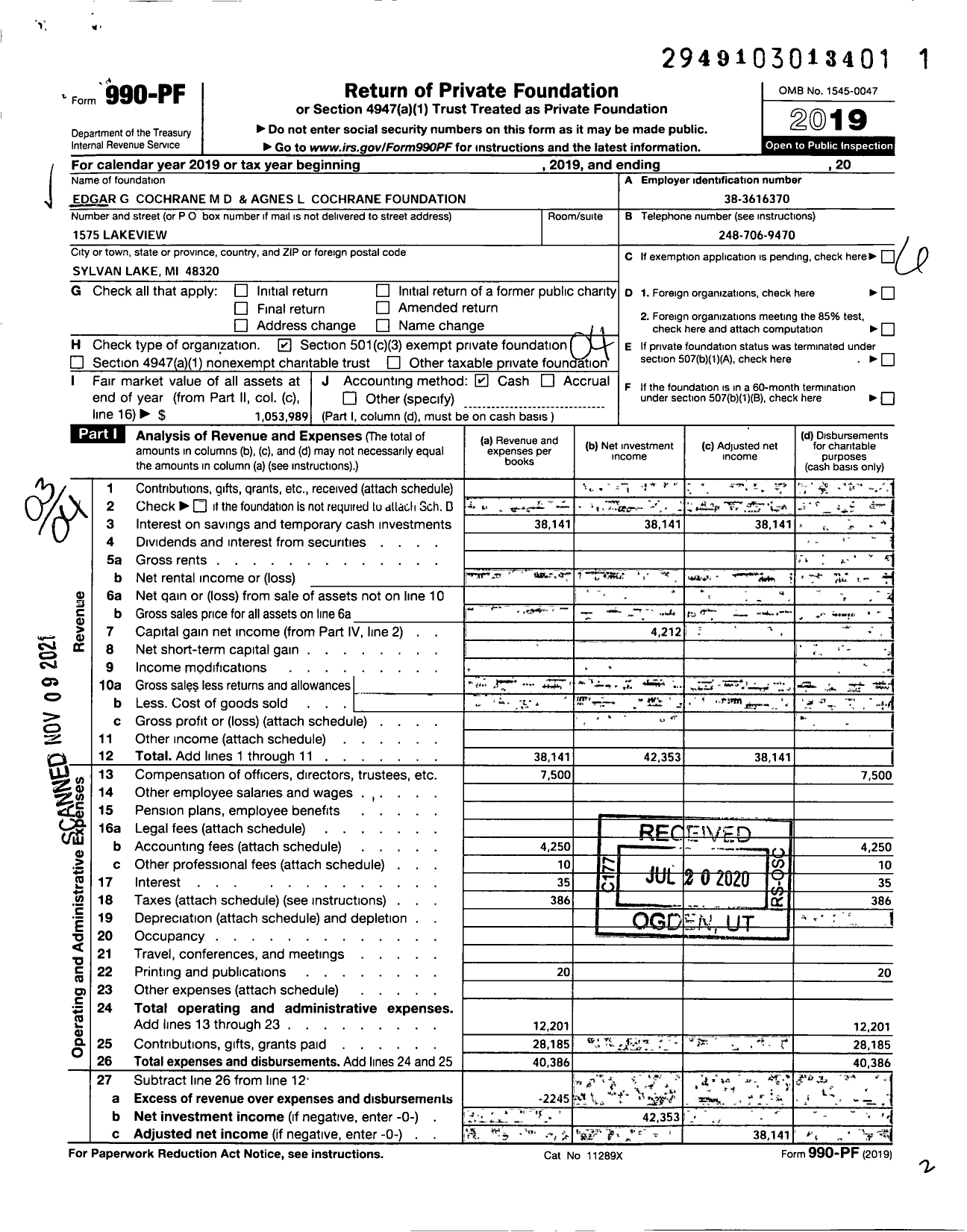 Image of first page of 2019 Form 990PF for Edgar G Cochrane MD and Agnes L Cochrane Foundation