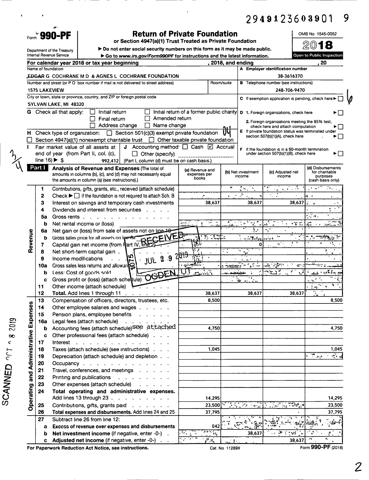 Image of first page of 2018 Form 990PF for Edgar G Cochrane MD and Agnes L Cochrane Foundation