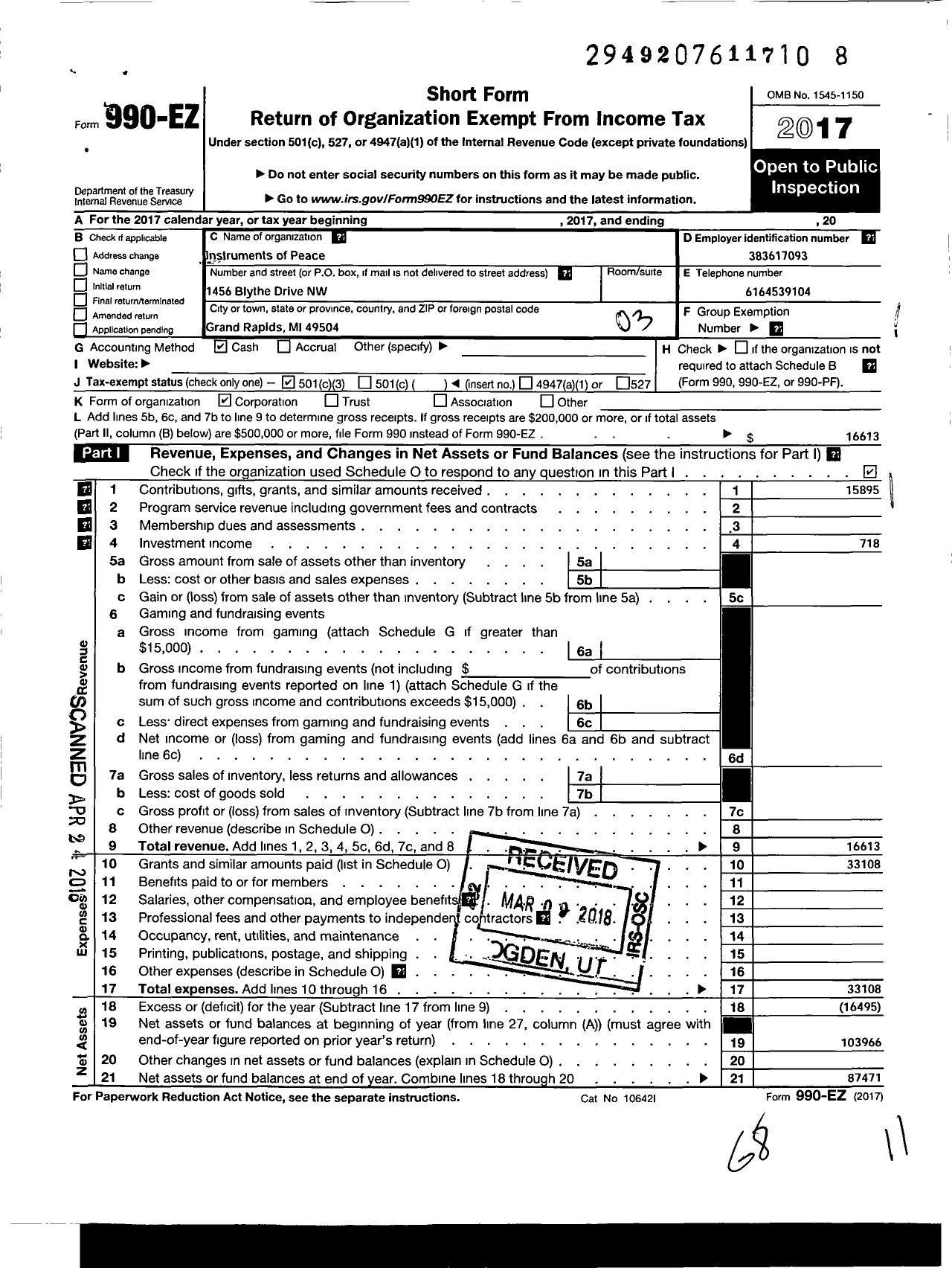 Image of first page of 2017 Form 990EZ for Instruments of Peace