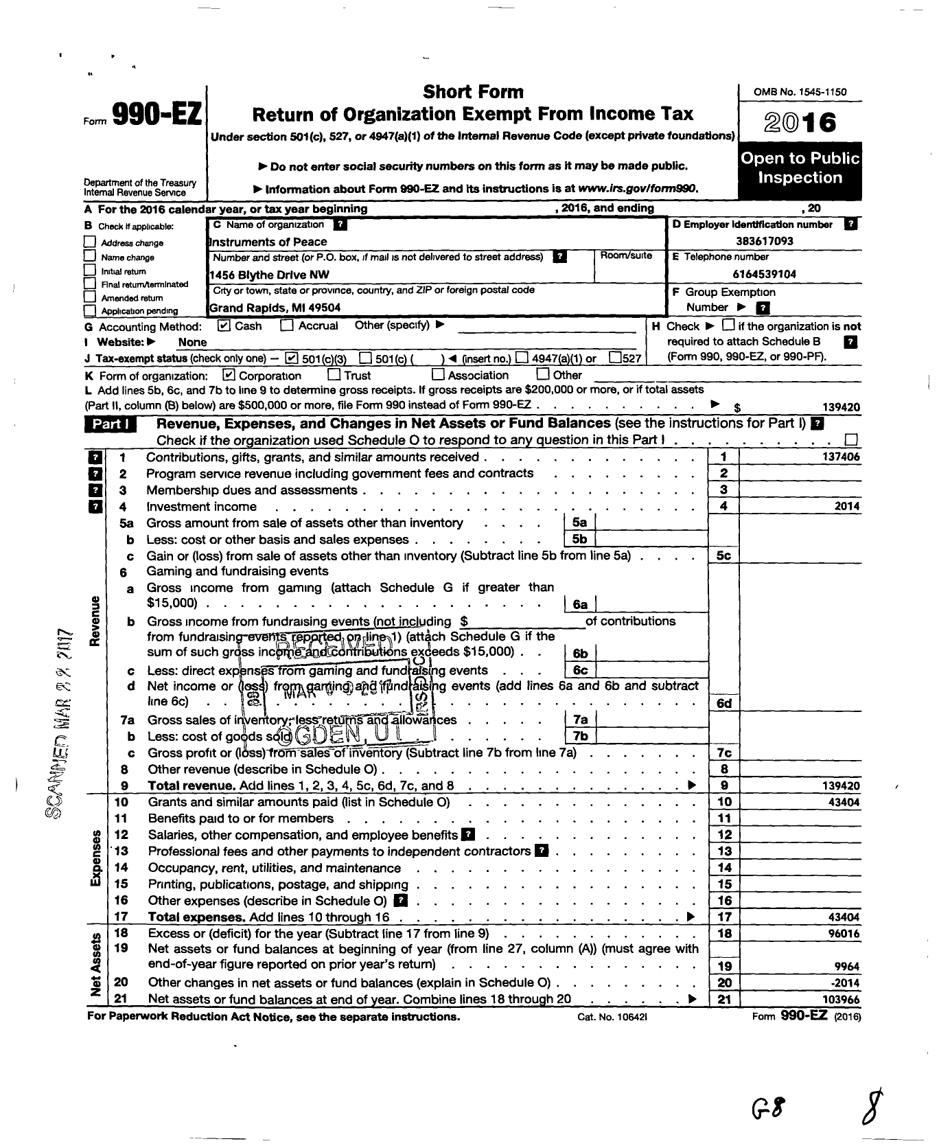 Image of first page of 2016 Form 990EZ for Instruments of Peace