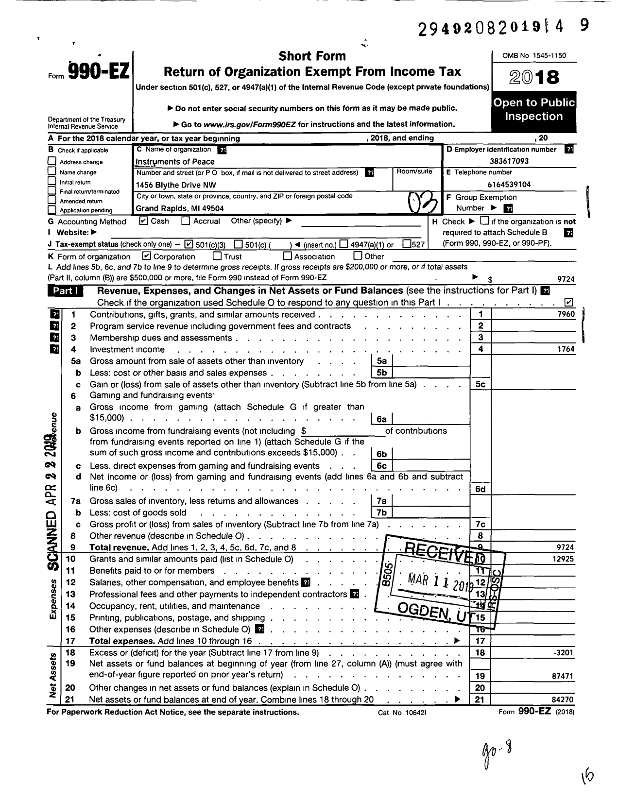 Image of first page of 2018 Form 990EZ for Instruments of Peace