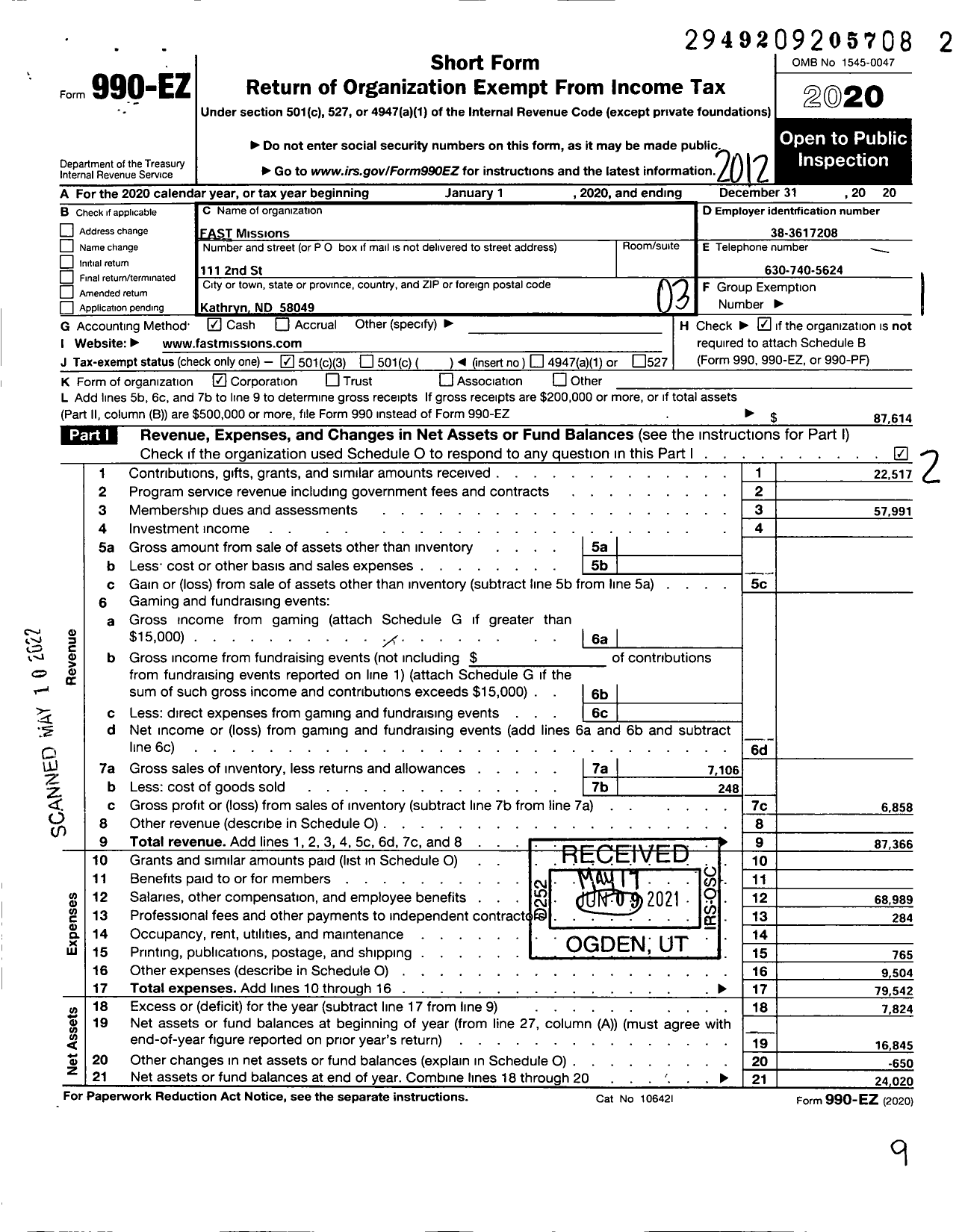 Image of first page of 2020 Form 990EZ for Fast Missions