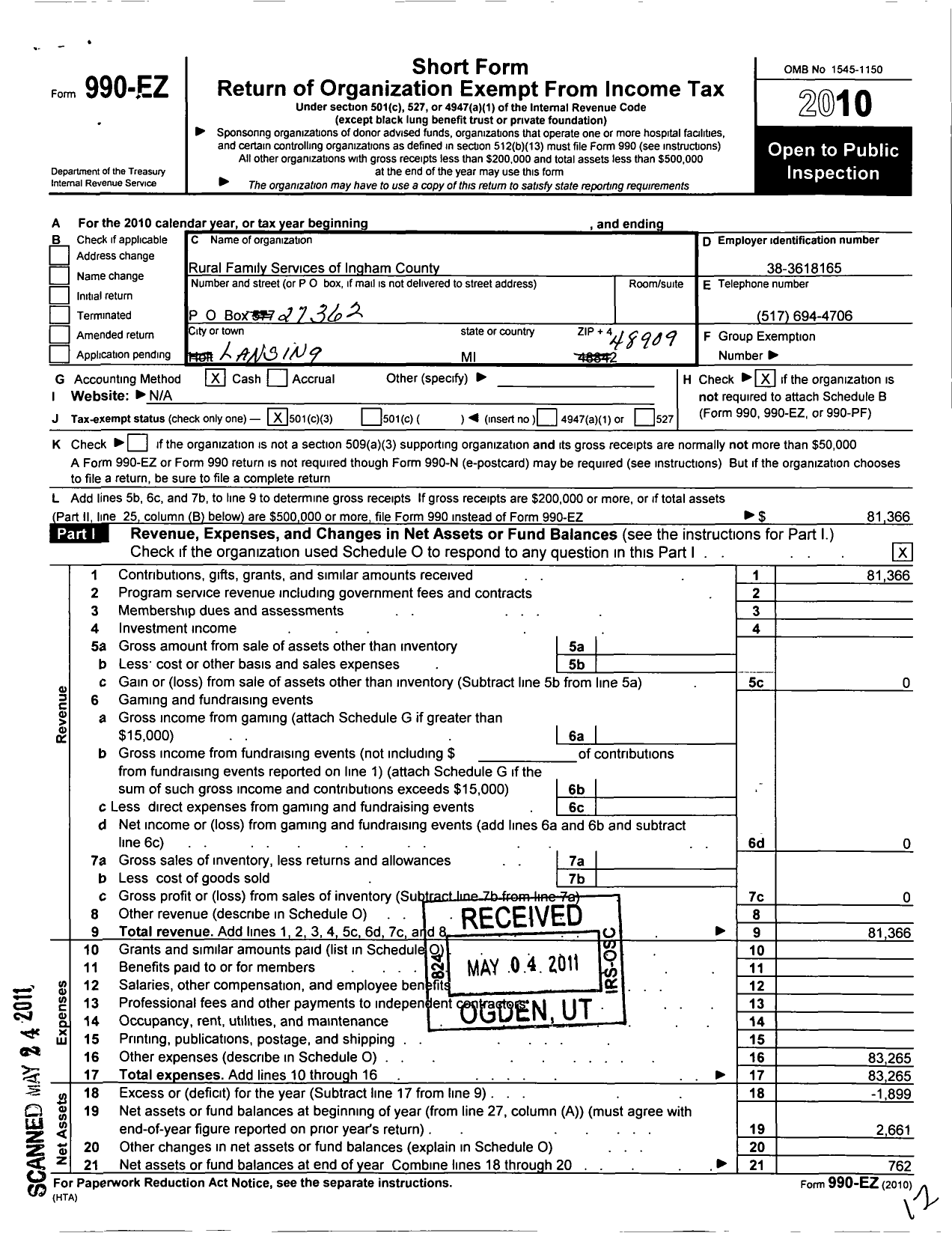 Image of first page of 2010 Form 990EZ for Rural Family Services of Ingham County