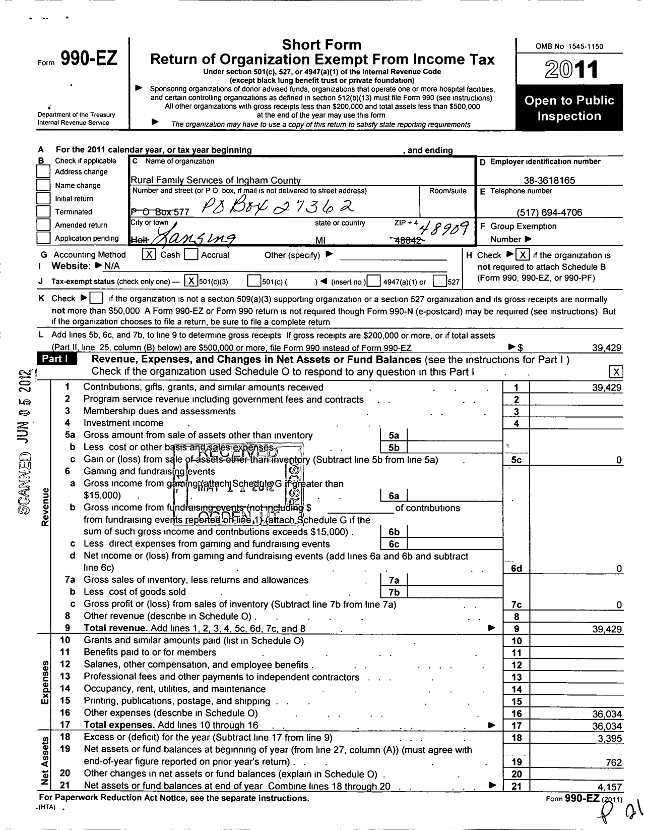 Image of first page of 2011 Form 990EZ for Rural Family Services of Ingham County