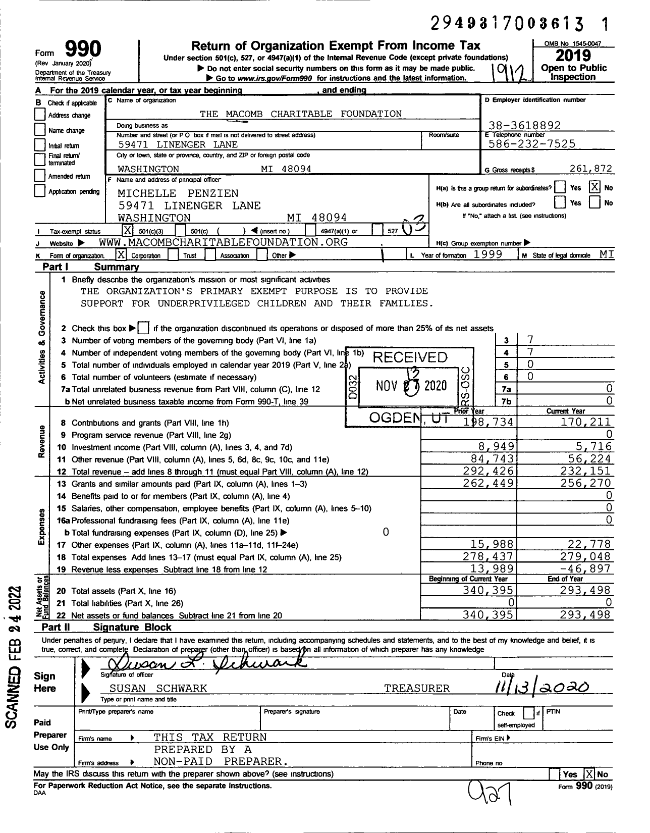 Image of first page of 2019 Form 990 for The Macomb Charitable Foundation