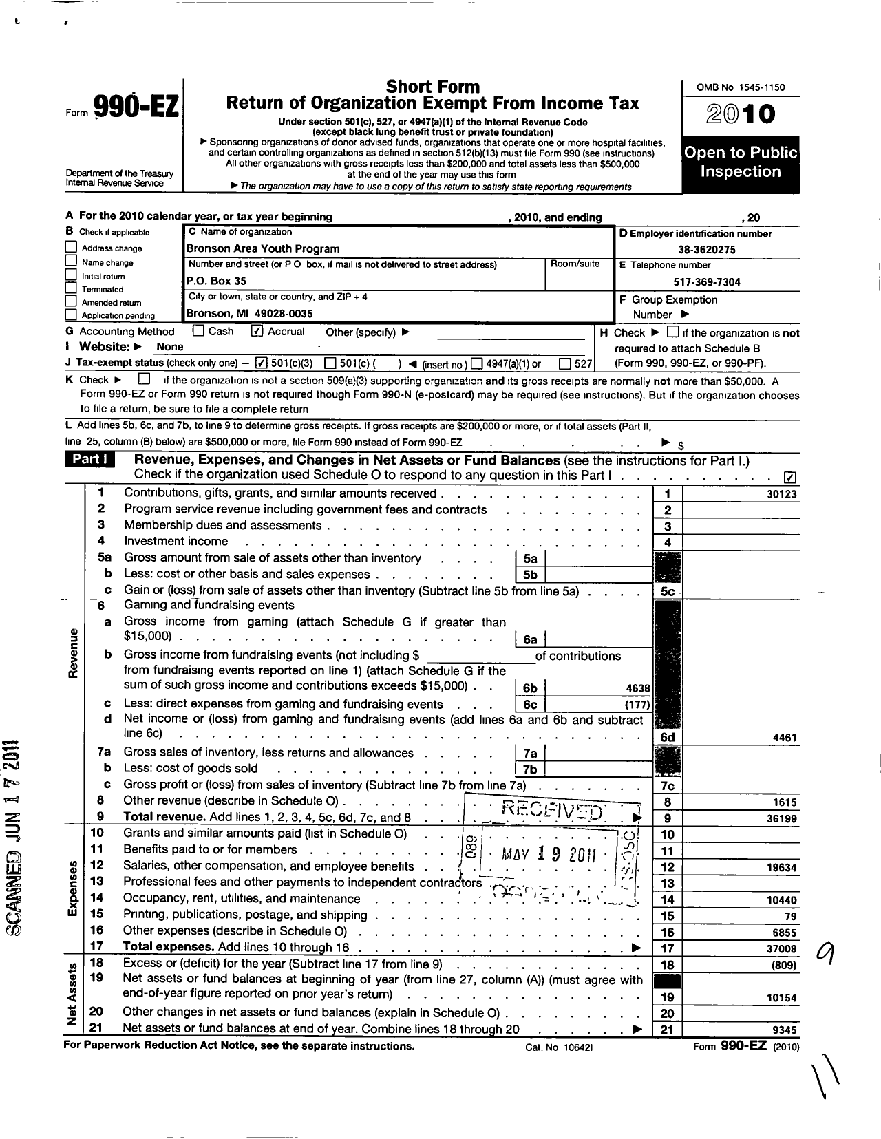 Image of first page of 2010 Form 990EZ for Bronson Area Youth Program (BAYP)