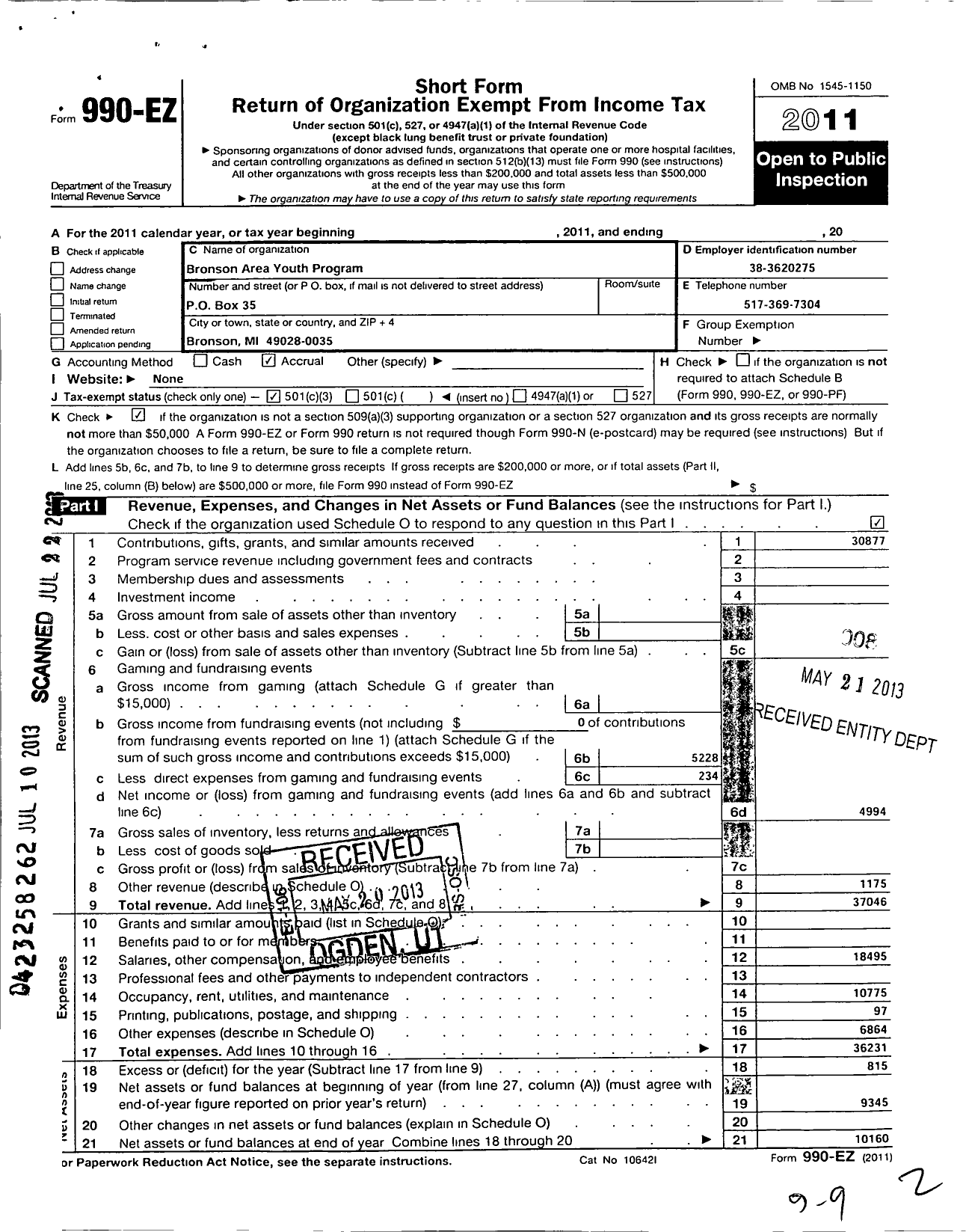 Image of first page of 2011 Form 990EZ for Bronson Area Youth Program (BAYP)