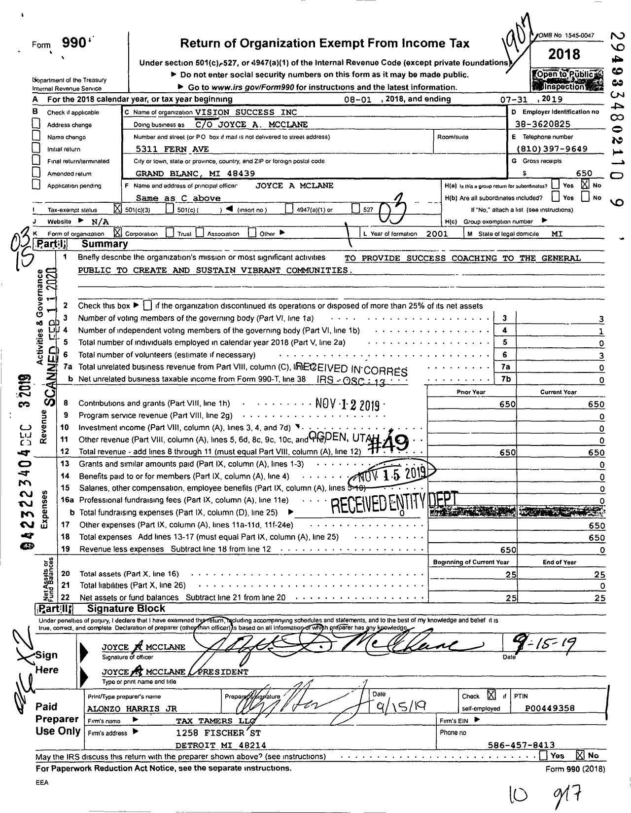 Image of first page of 2018 Form 990 for Vision Success