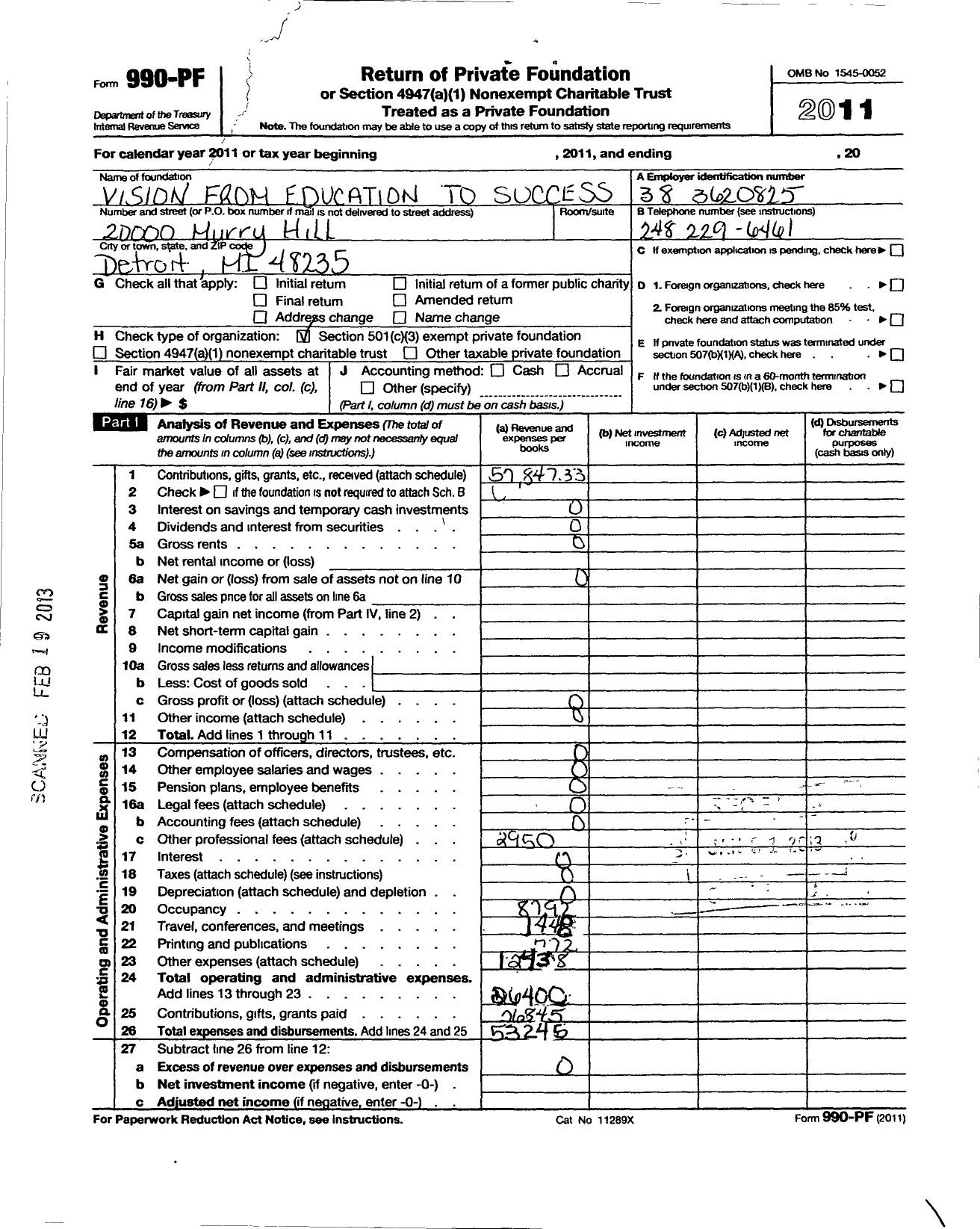 Image of first page of 2011 Form 990PF for Vision Success