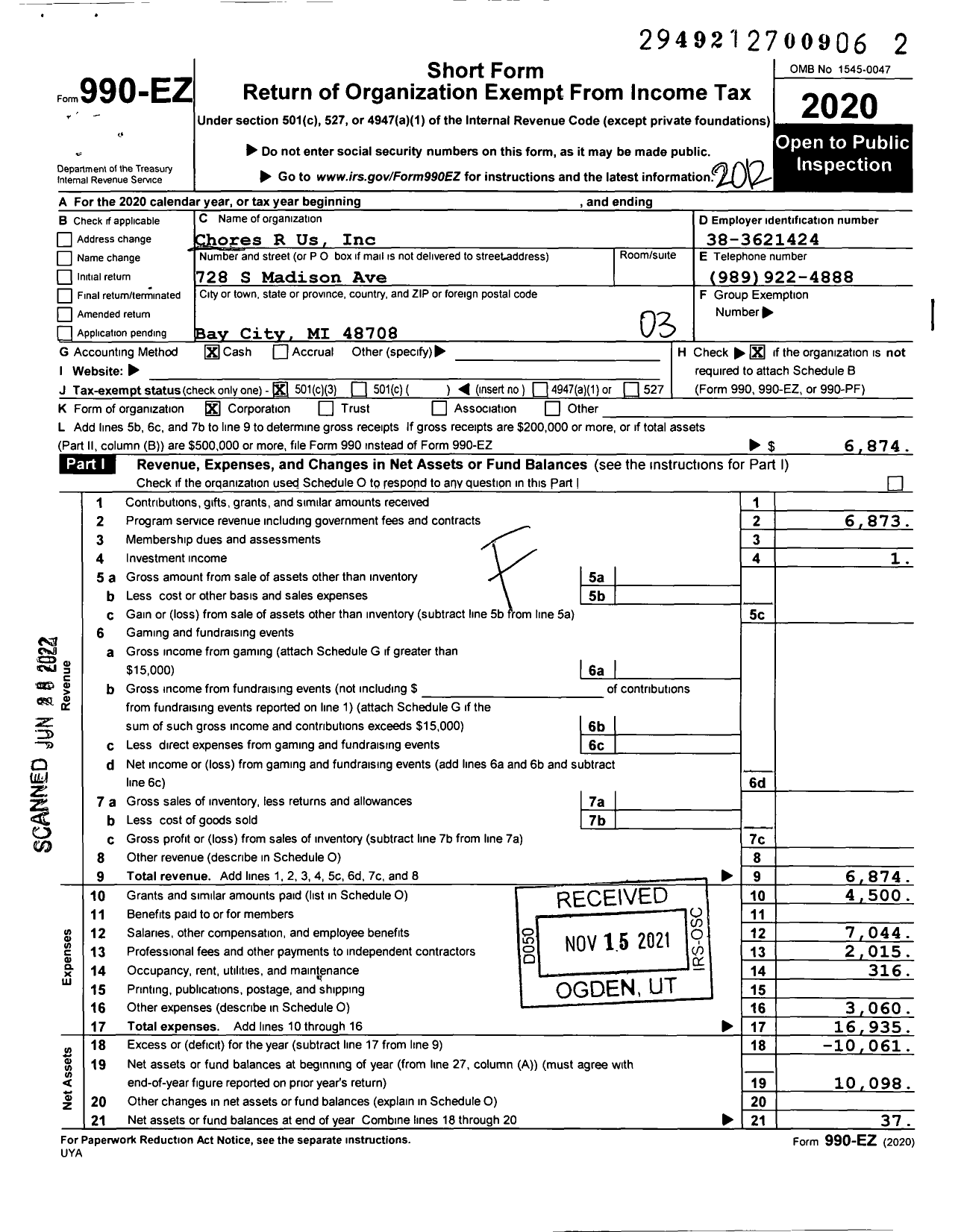 Image of first page of 2020 Form 990EZ for Chores R Us