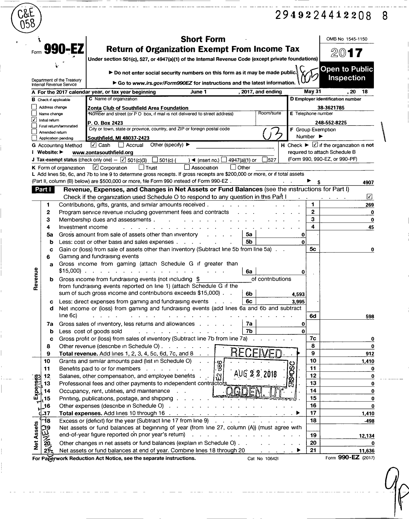 Image of first page of 2017 Form 990EZ for Zonta Club of Southfield Area Foundation