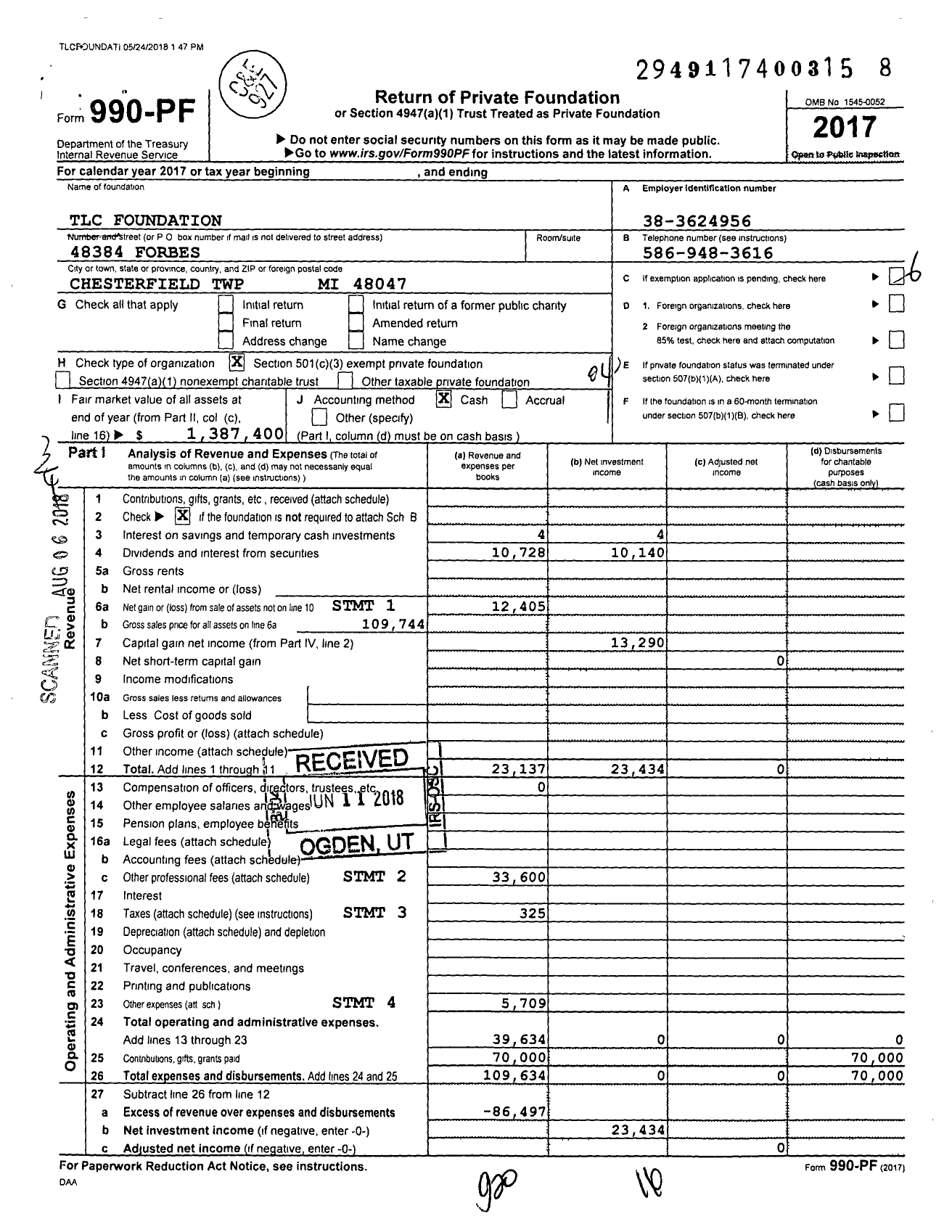 Image of first page of 2017 Form 990PF for TLC Foundation