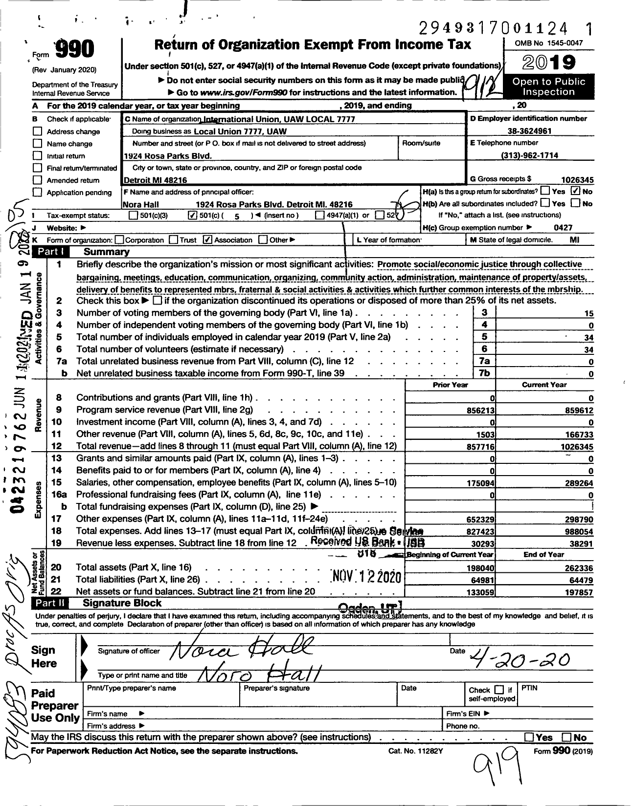 Image of first page of 2019 Form 990O for International Union UAW LOCAL 7777