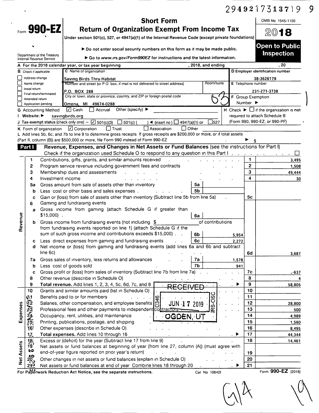 Image of first page of 2018 Form 990EZ for Saving Birds Thru Habitat