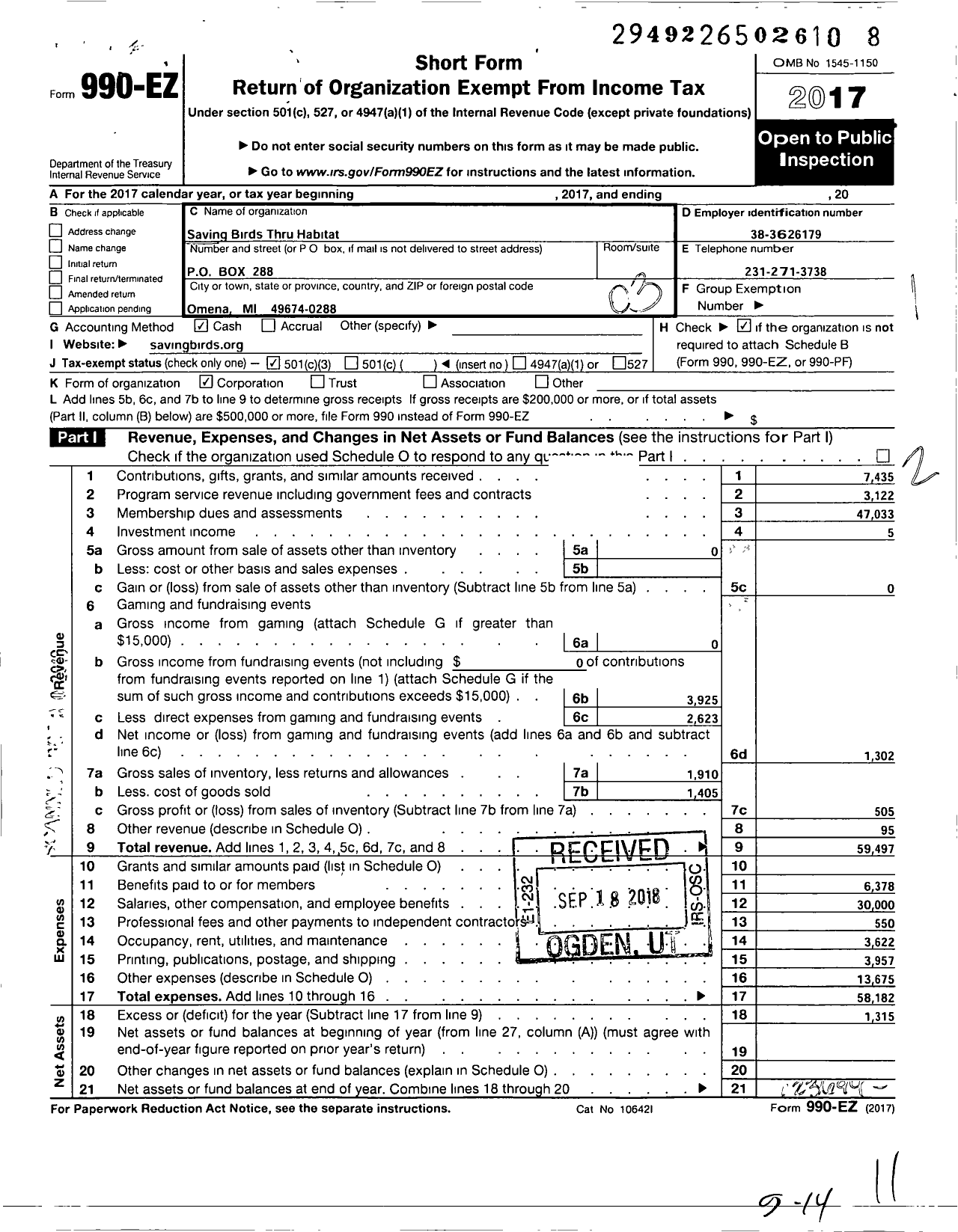 Image of first page of 2017 Form 990EZ for Saving Birds Thru Habitat