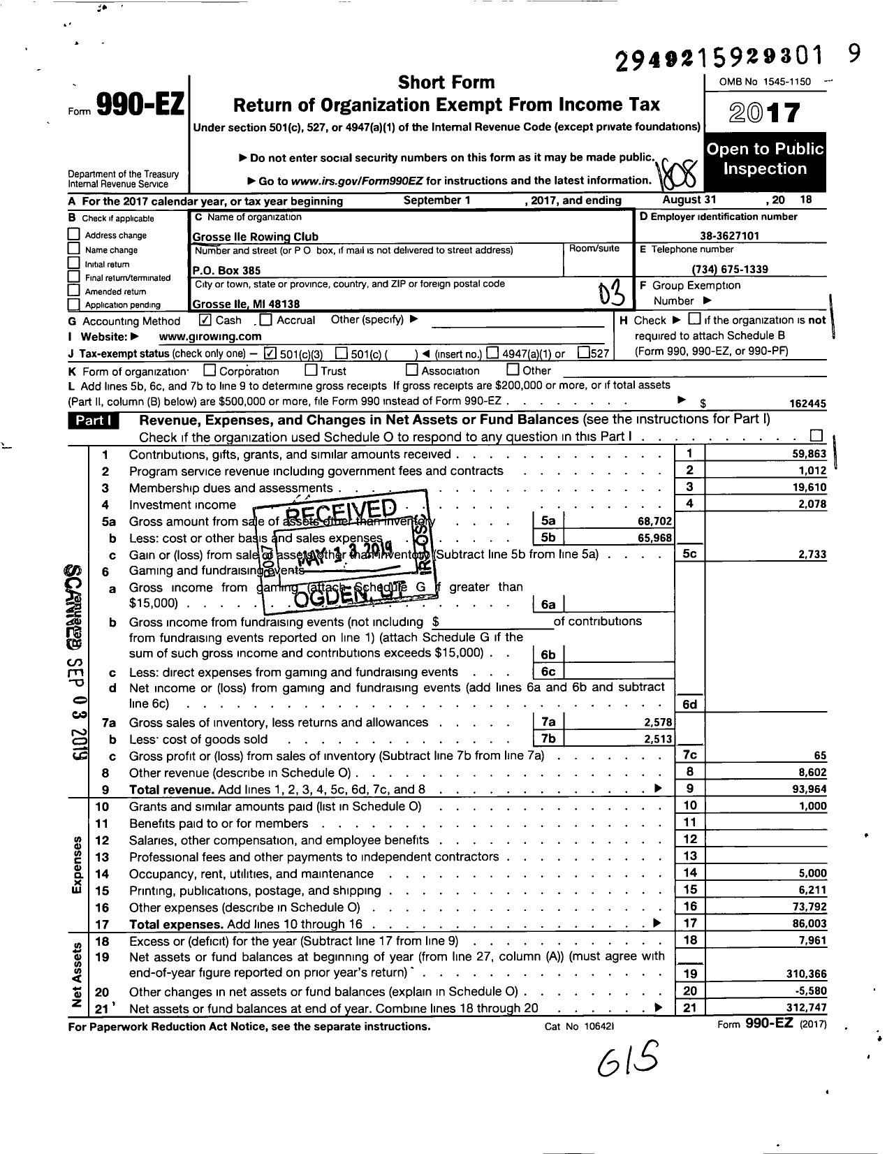 Image of first page of 2017 Form 990EZ for Grosse Ile Rowing Club