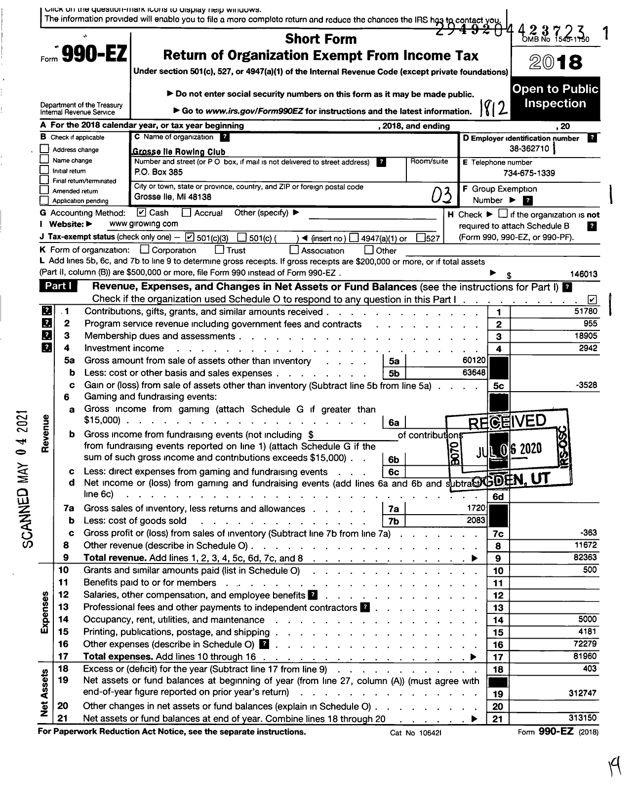 Image of first page of 2018 Form 990EZ for Grosse Ile Rowing Club