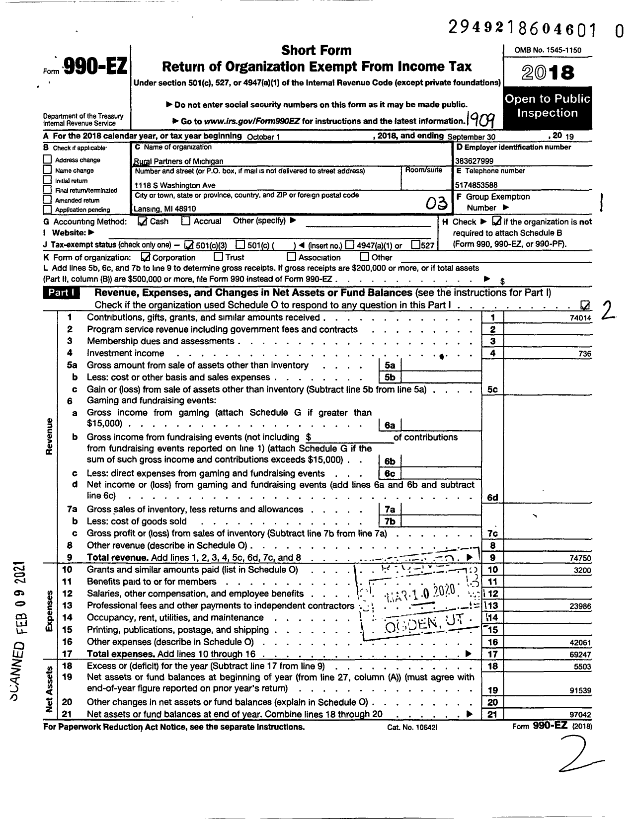 Image of first page of 2018 Form 990EZ for Rural Partners of Michigan