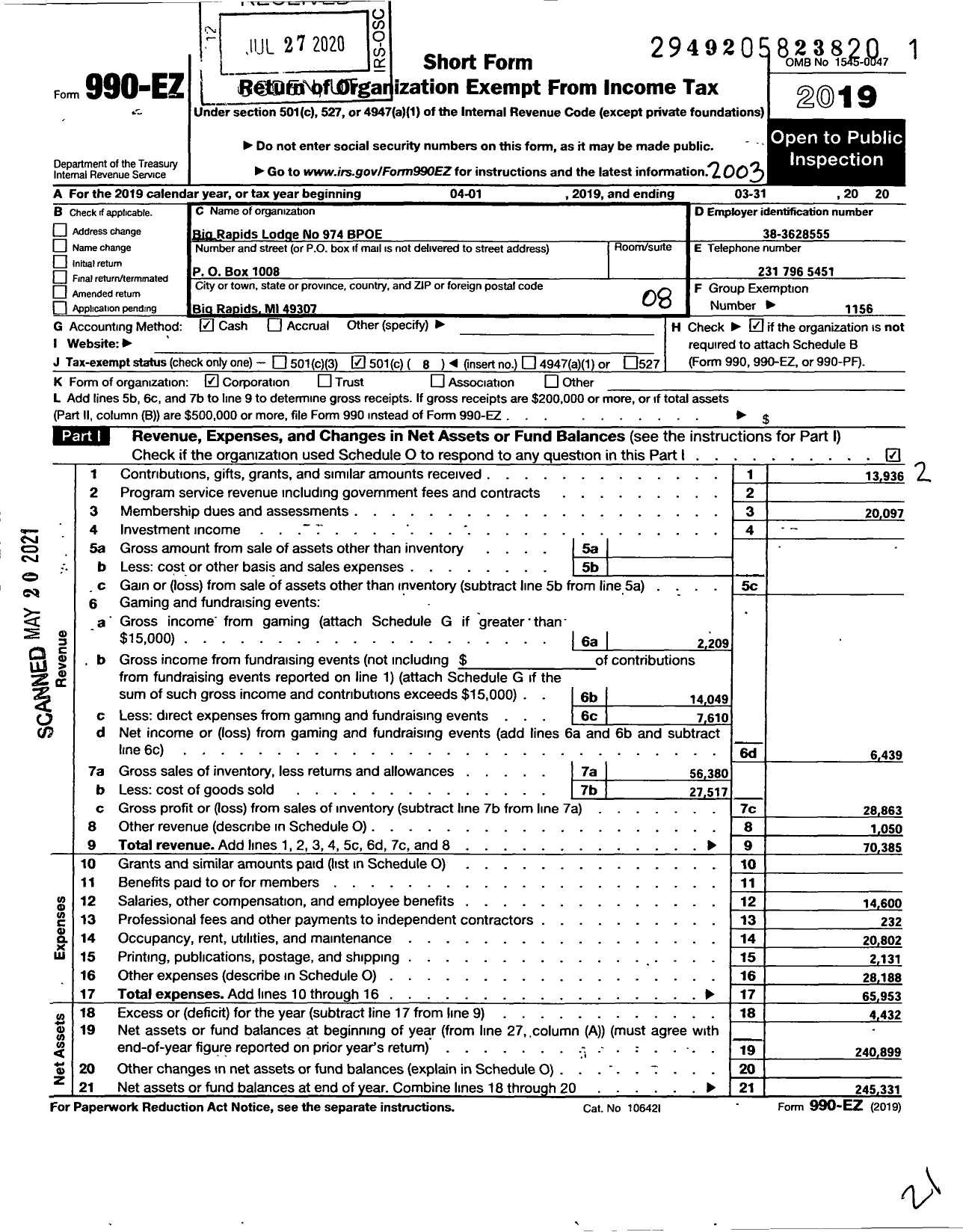 Image of first page of 2019 Form 990EO for Benevolent and Protective Order of Elks - 974 Big Rapids