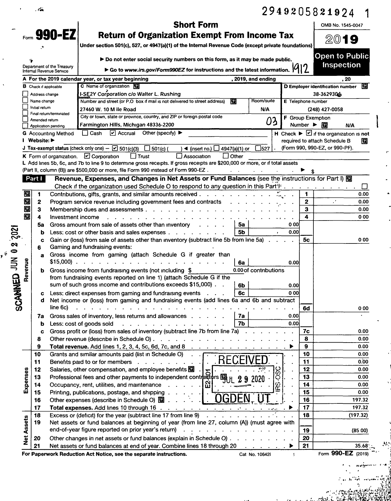 Image of first page of 2019 Form 990EZ for I-Se2Y Corporation