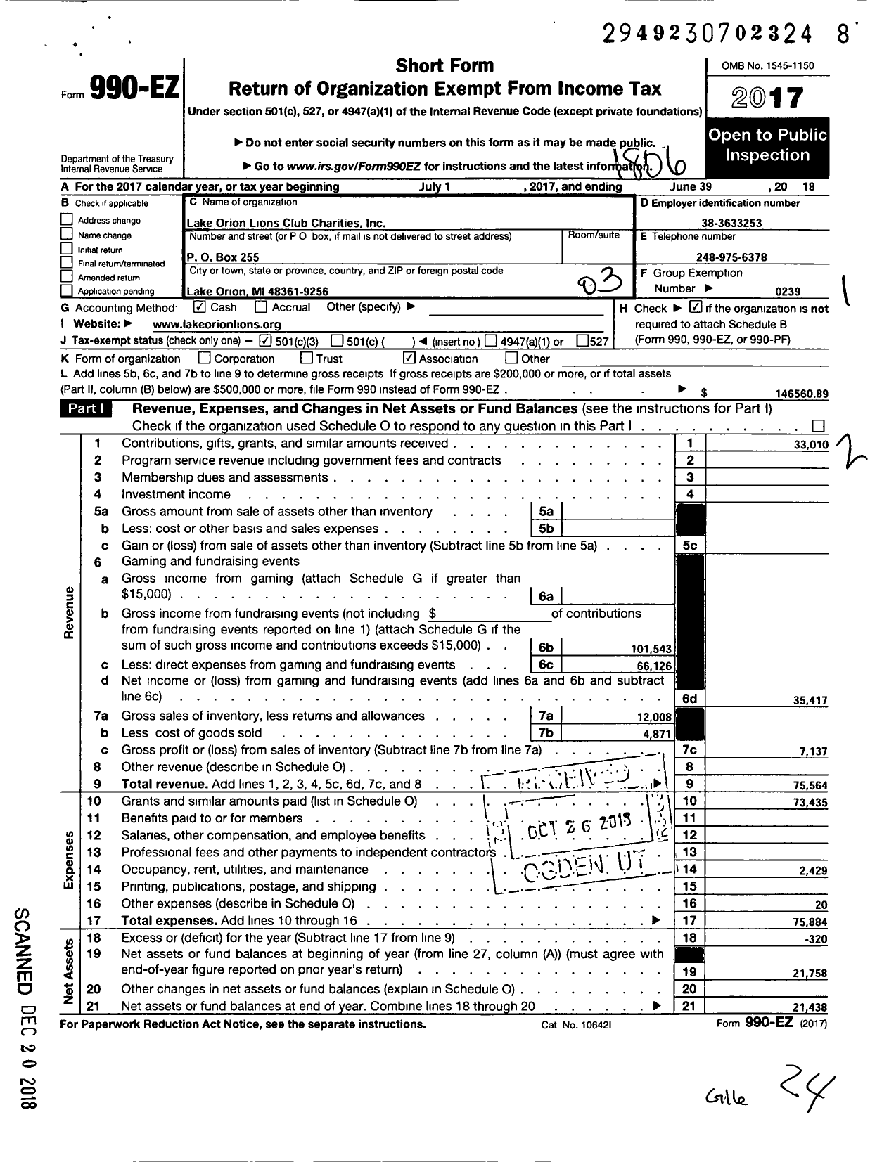 Image of first page of 2017 Form 990EZ for Lake Orion Lions Club Charities