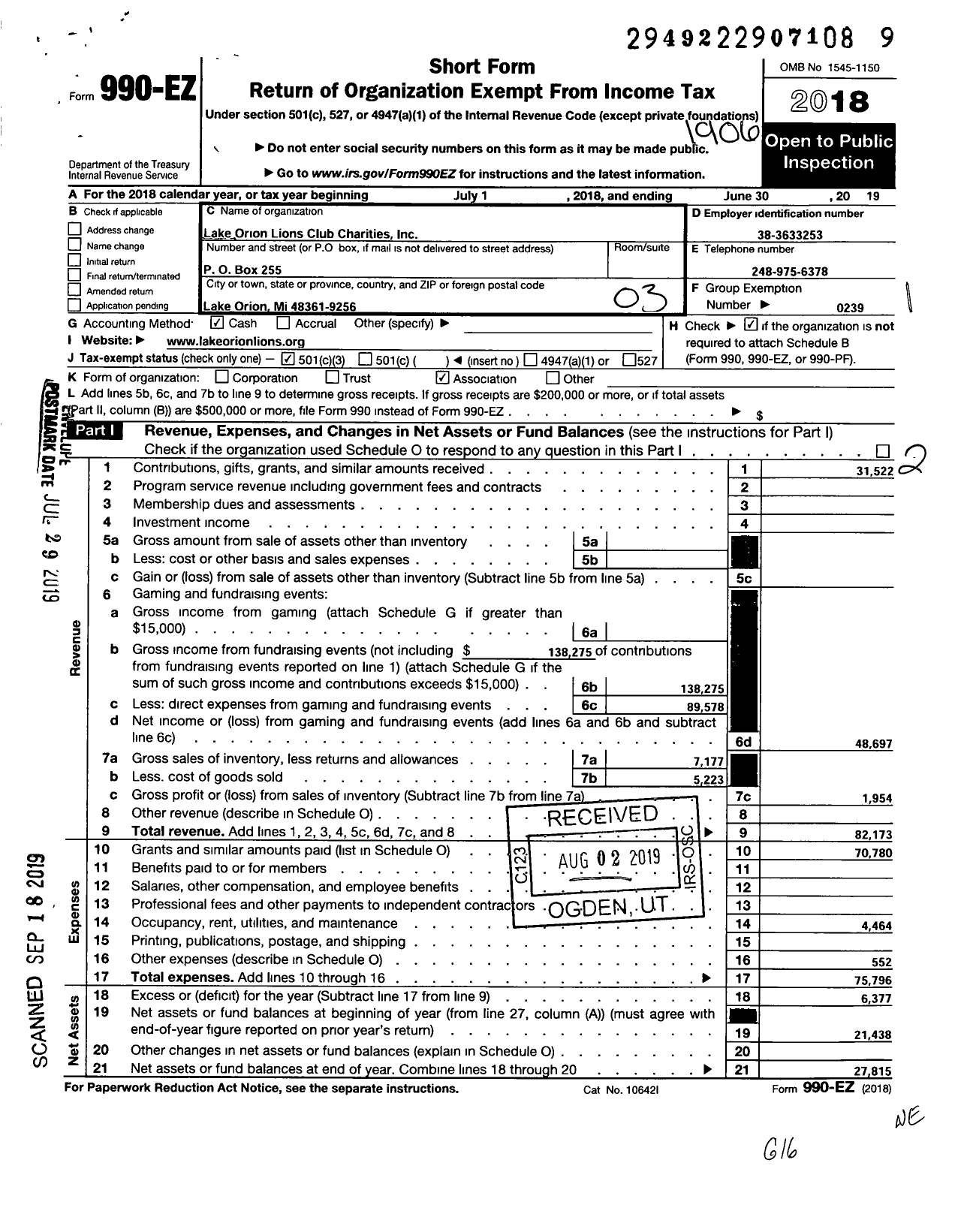 Image of first page of 2018 Form 990EZ for Lake Orion Lions Club Charities