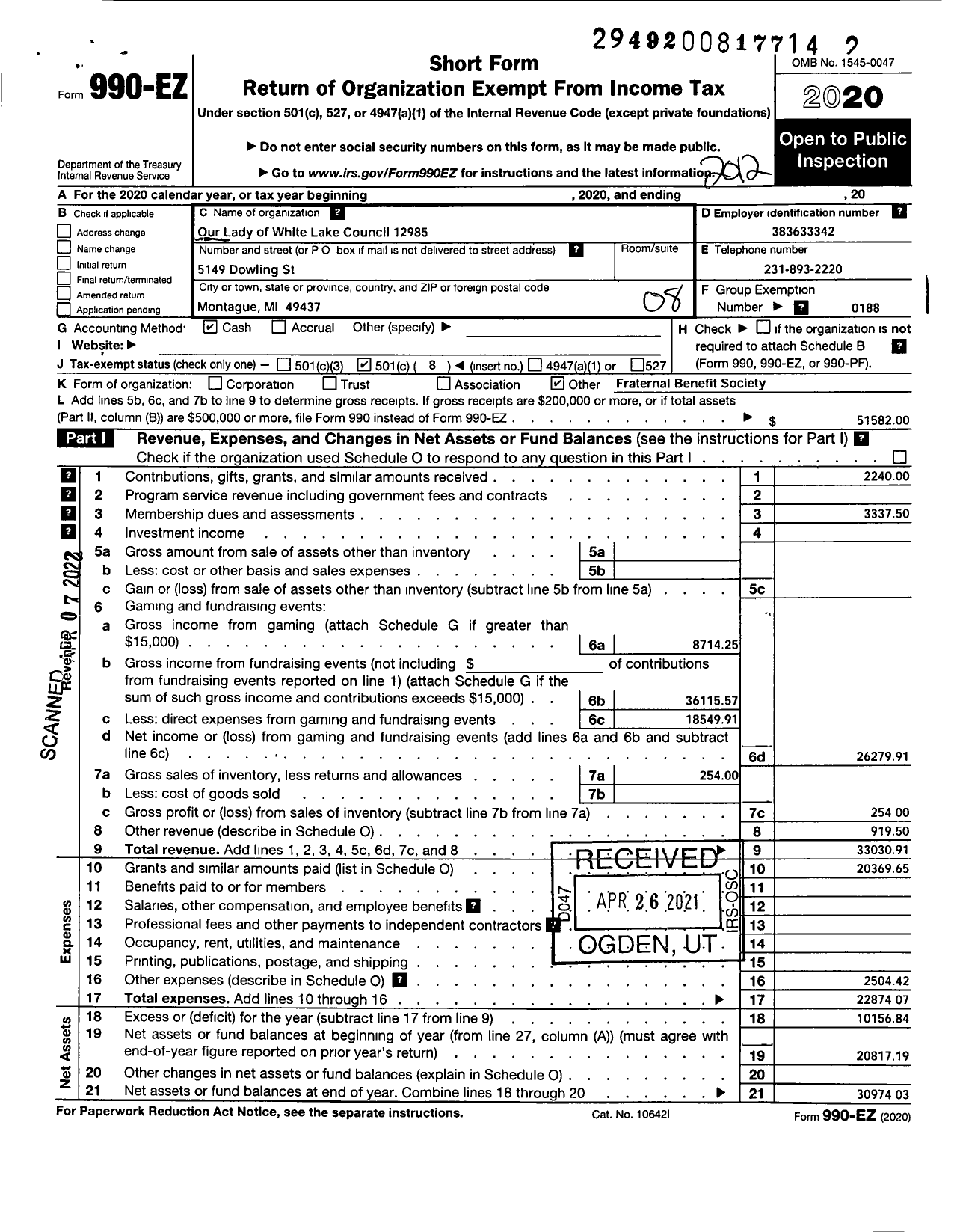 Image of first page of 2020 Form 990EO for Knights of Columbus - 12985 Our Lady of White Lakes