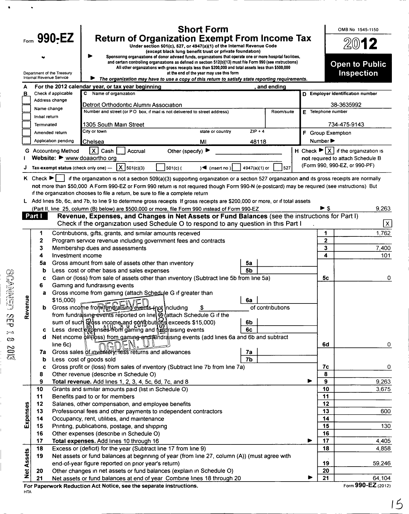 Image of first page of 2012 Form 990EZ for Detroit Orthodontic Alumni Association