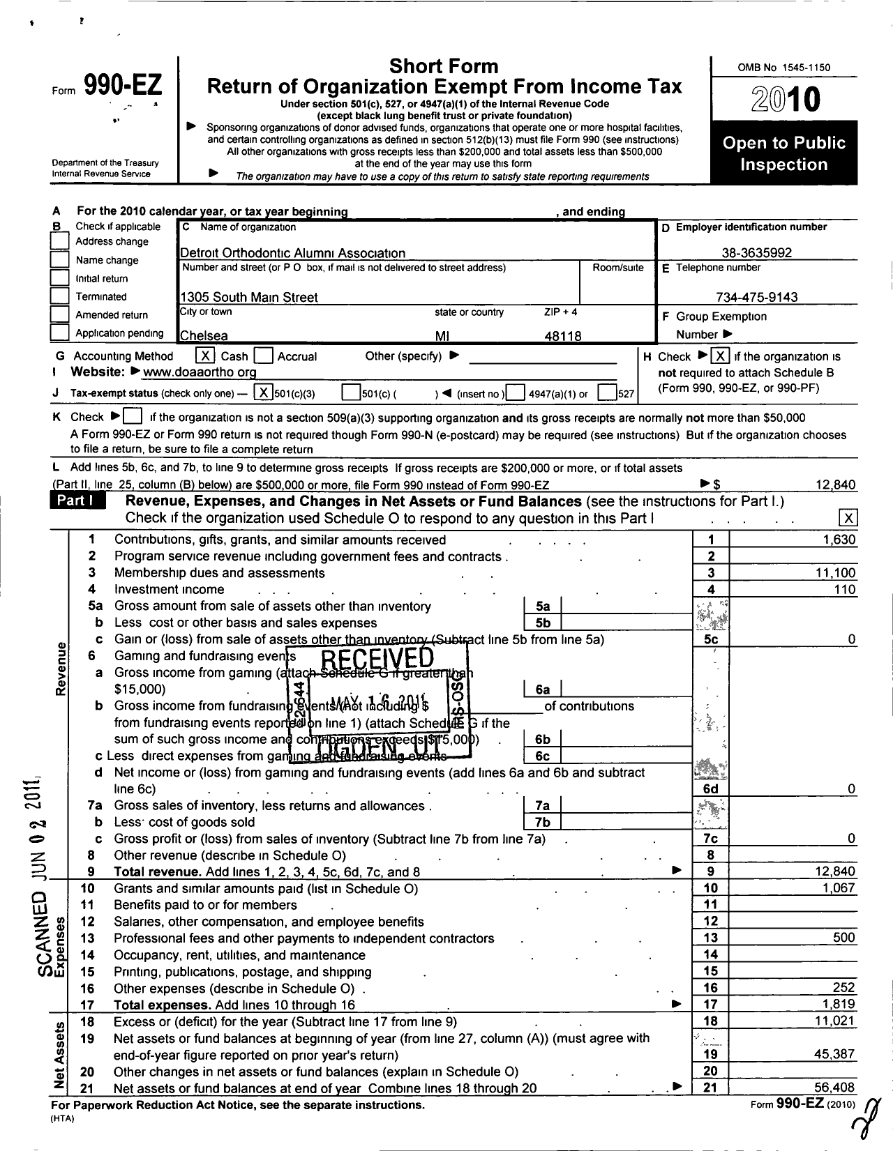 Image of first page of 2010 Form 990EZ for Detroit Orthodontic Alumni Association