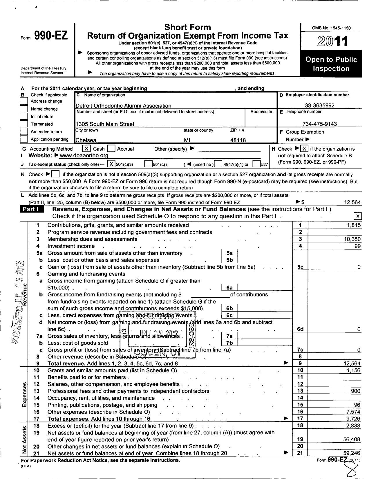 Image of first page of 2011 Form 990EZ for Detroit Orthodontic Alumni Association