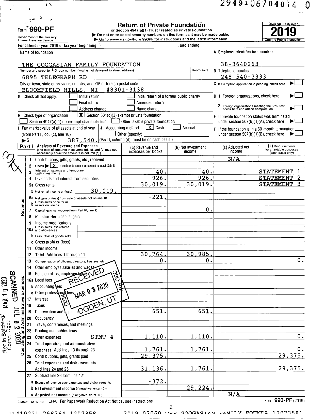 Image of first page of 2019 Form 990PR for The Googasian Family Foundation