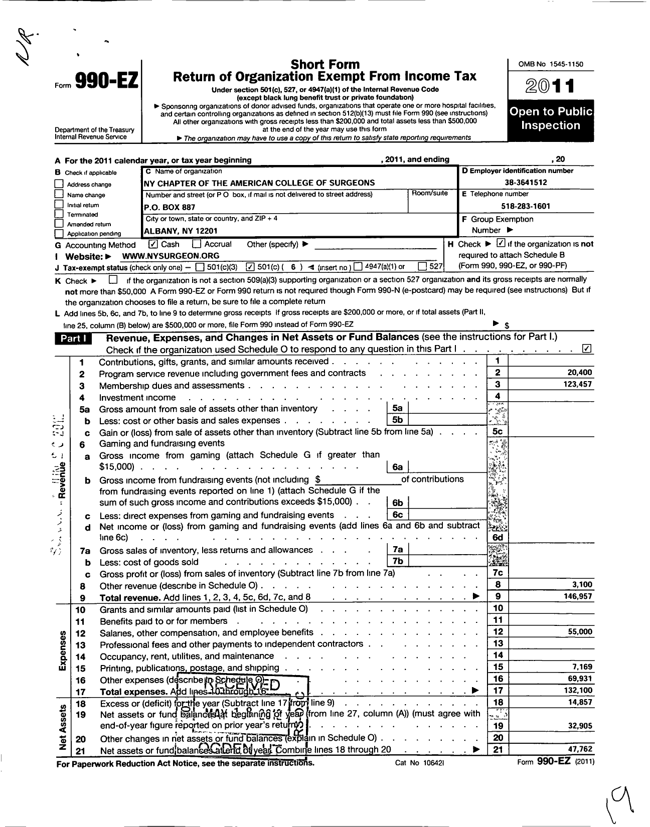 Image of first page of 2011 Form 990EO for New York Chap of the American College of Surgeons