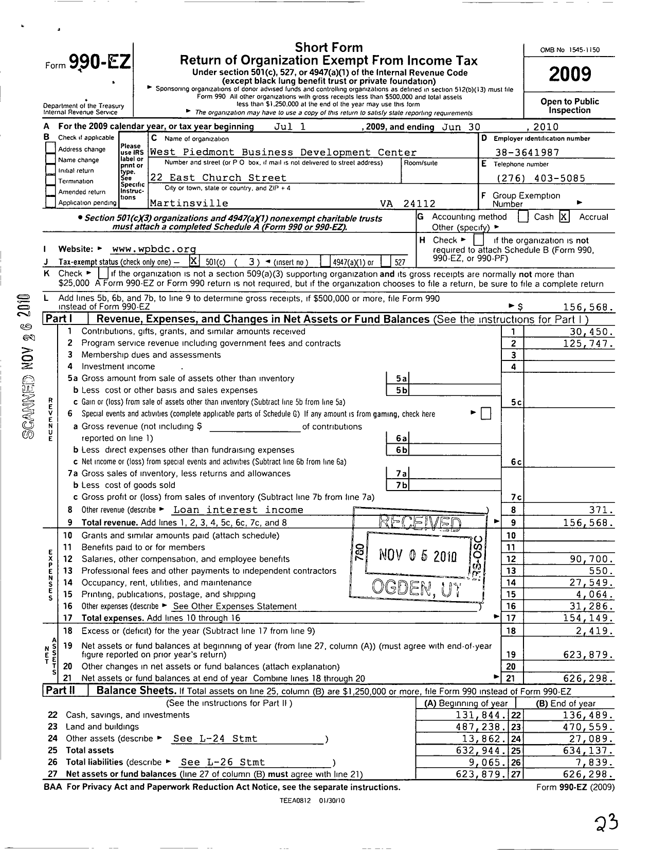 Image of first page of 2009 Form 990EZ for West Piedmont Business Development Center