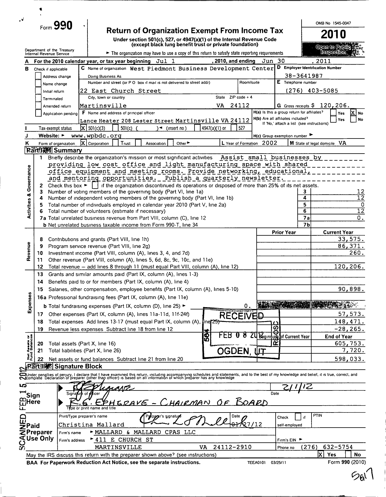 Image of first page of 2010 Form 990 for West Piedmont Business Development Center