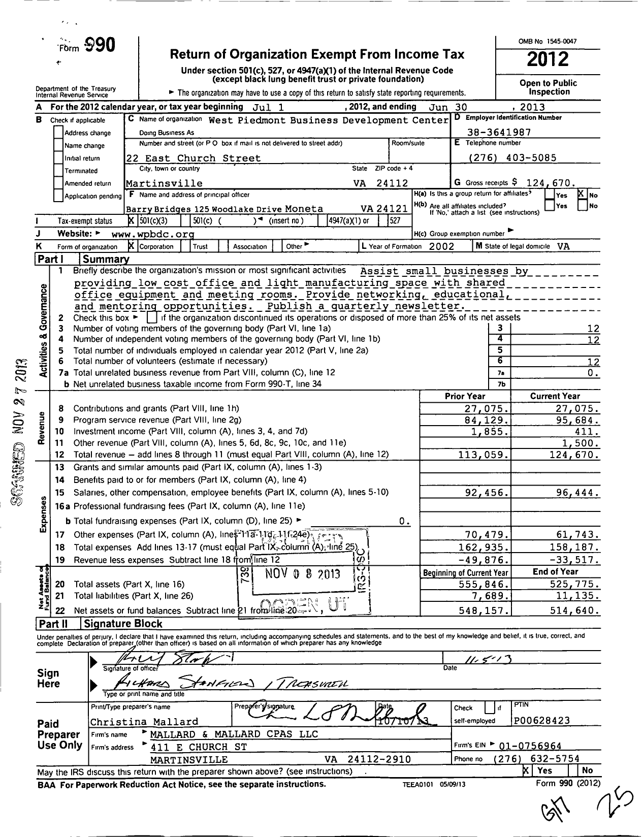 Image of first page of 2012 Form 990 for West Piedmont Business Development Center