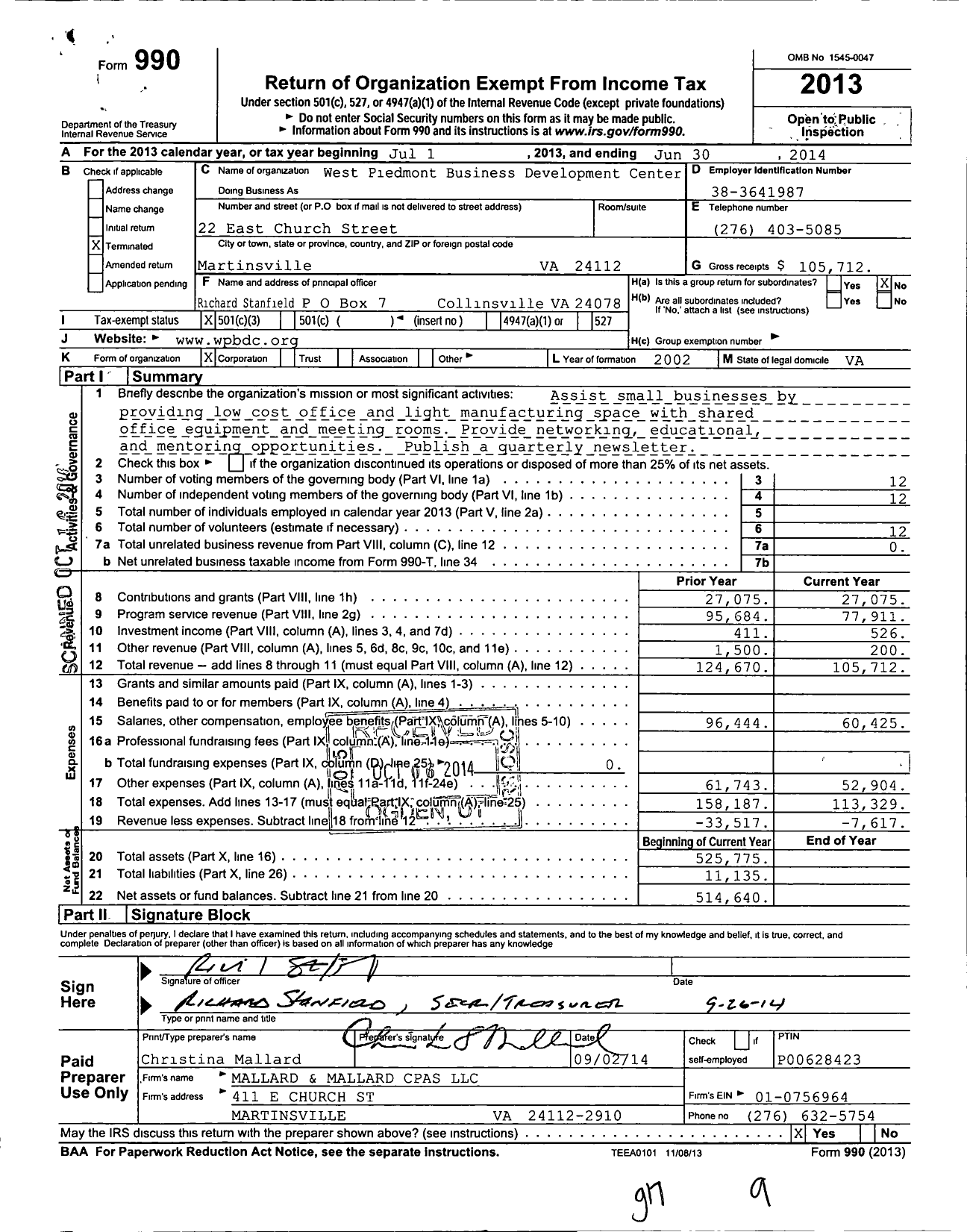 Image of first page of 2013 Form 990 for West Piedmont Business Development Center