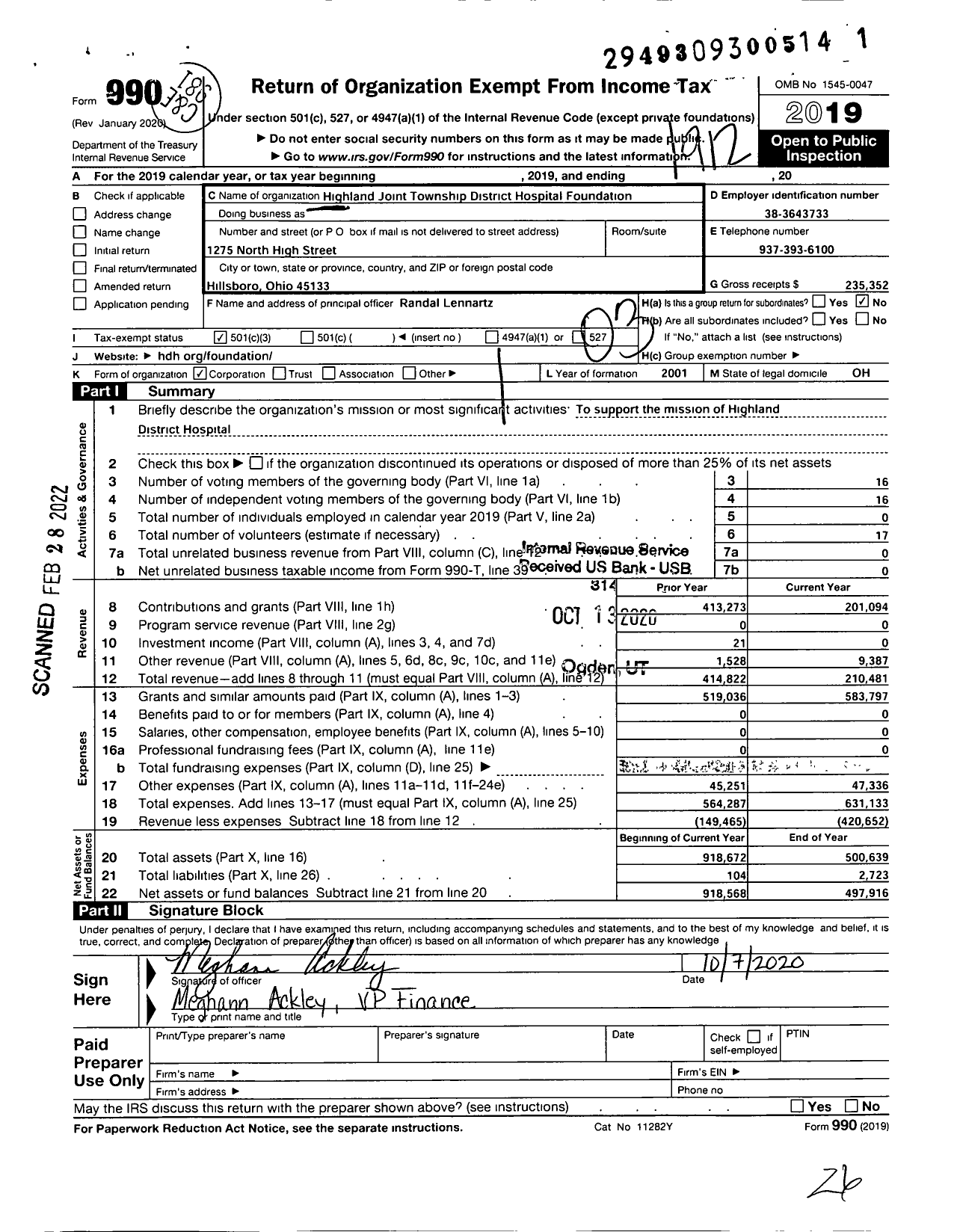 Image of first page of 2019 Form 990 for Highland Joint Township District Hospital Foundation