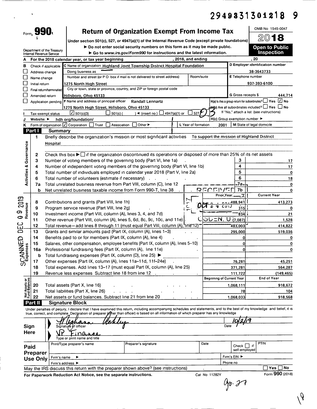 Image of first page of 2018 Form 990 for Highland Joint Township District Hospital Foundation