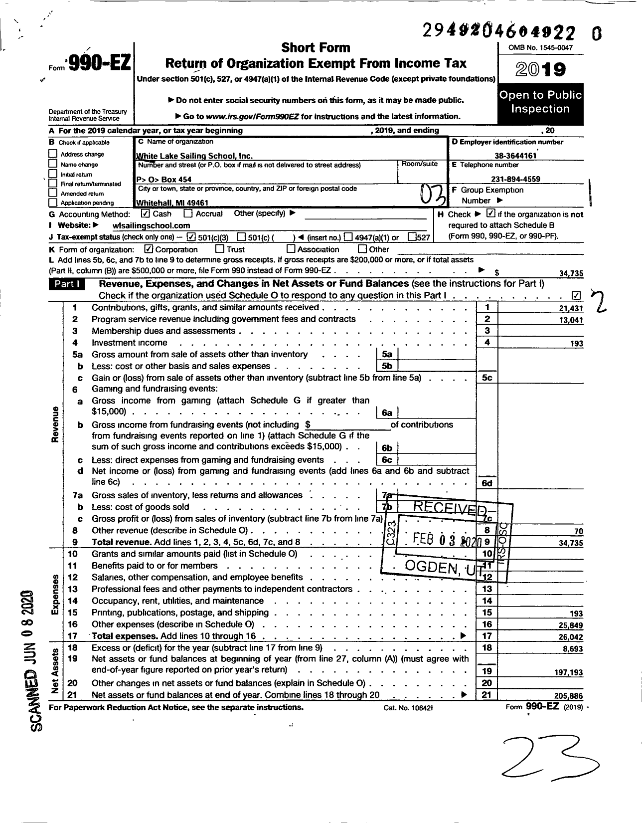 Image of first page of 2019 Form 990EZ for White Lake Sailing School