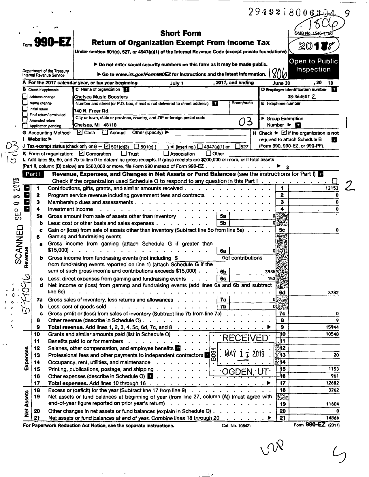 Image of first page of 2017 Form 990EZ for Chelsea Music Boosters