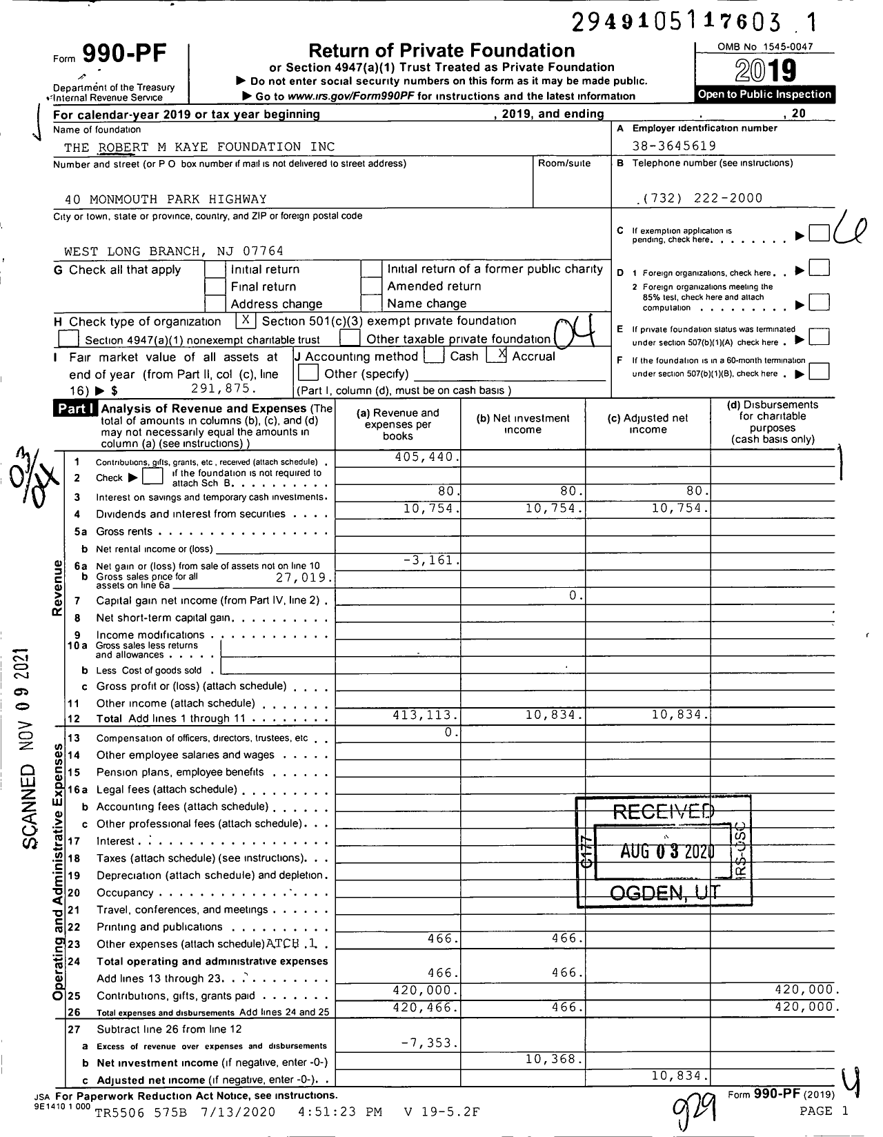 Image of first page of 2019 Form 990PF for The Robert M Kaye Foundation