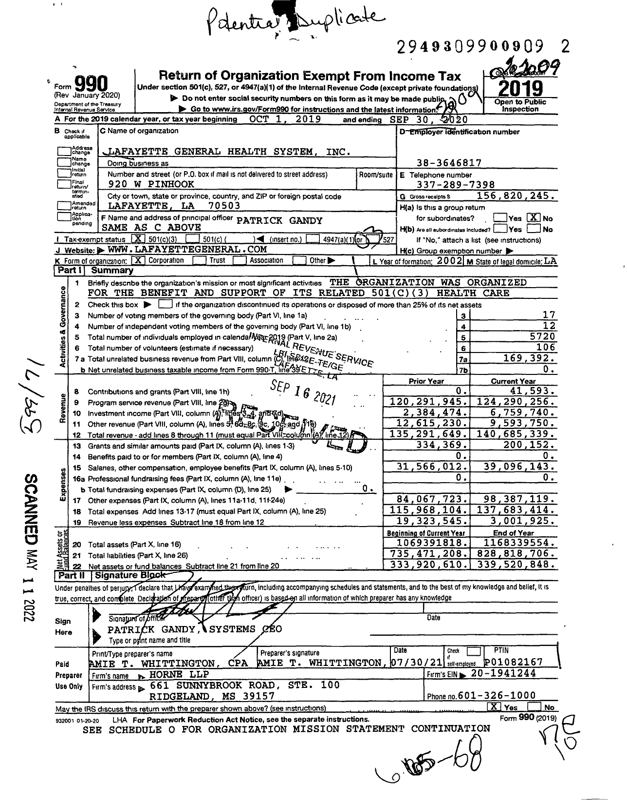 Image of first page of 2019 Form 990 for Ochsner Lafayette Health System (LGH)