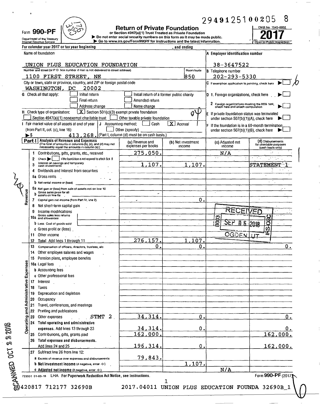 Image of first page of 2017 Form 990PF for Union Plus Education Foundation