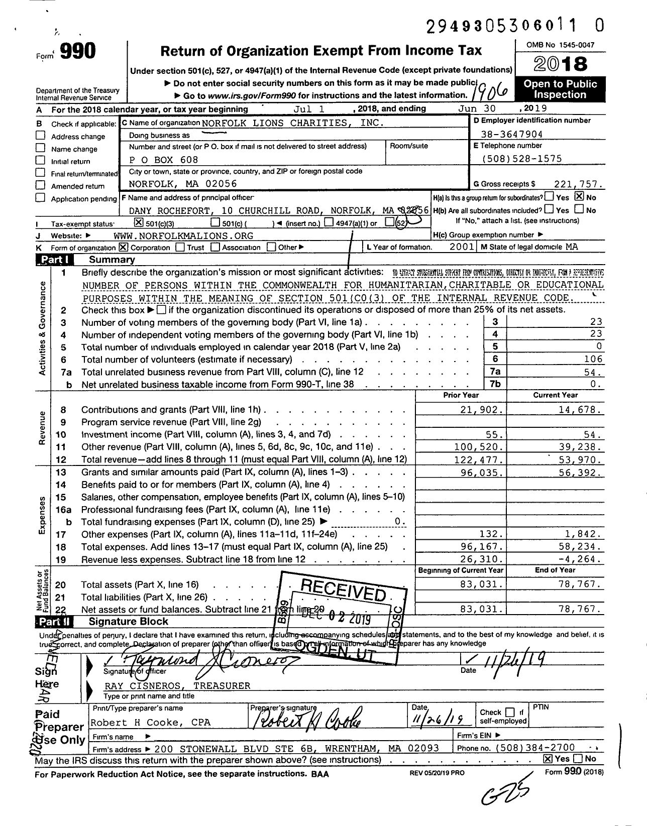 Image of first page of 2018 Form 990 for Norfolk Lions Charities