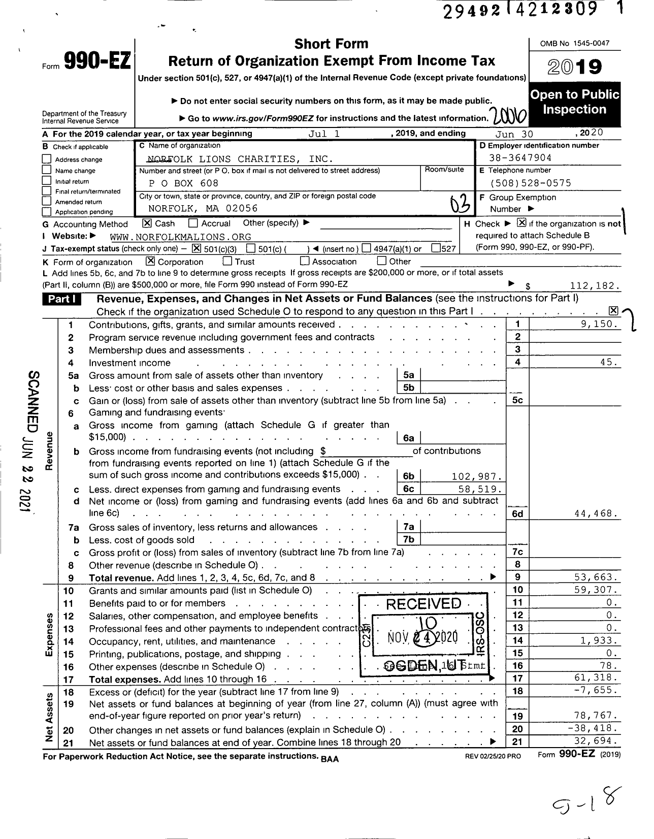 Image of first page of 2019 Form 990EZ for Norfolk Lions Charities