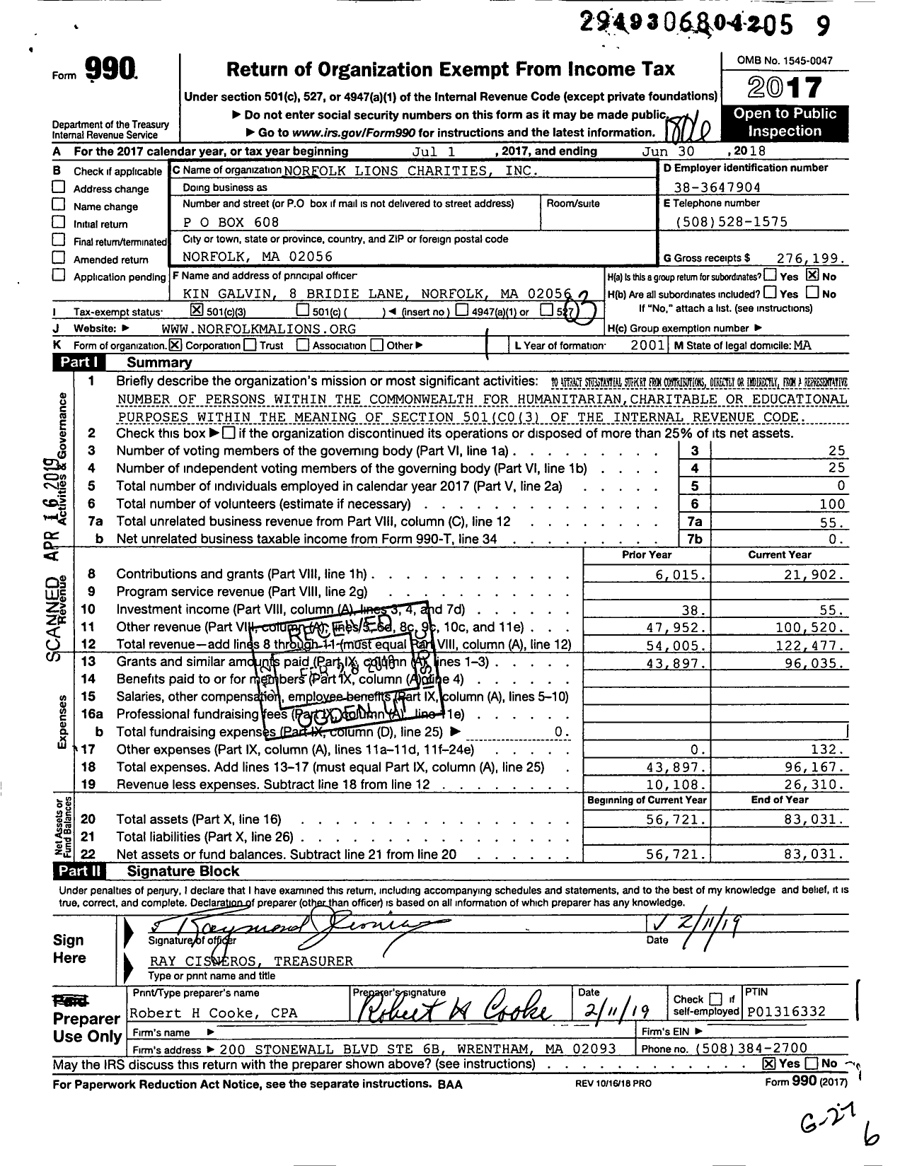 Image of first page of 2017 Form 990 for Norfolk Lions Charities