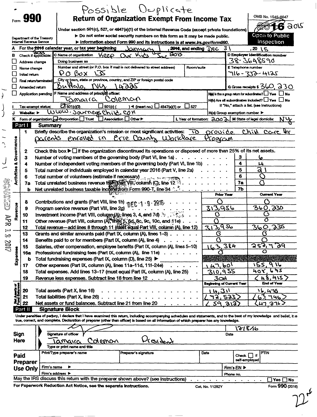 Image of first page of 2015 Form 990 for Keep Our Kids