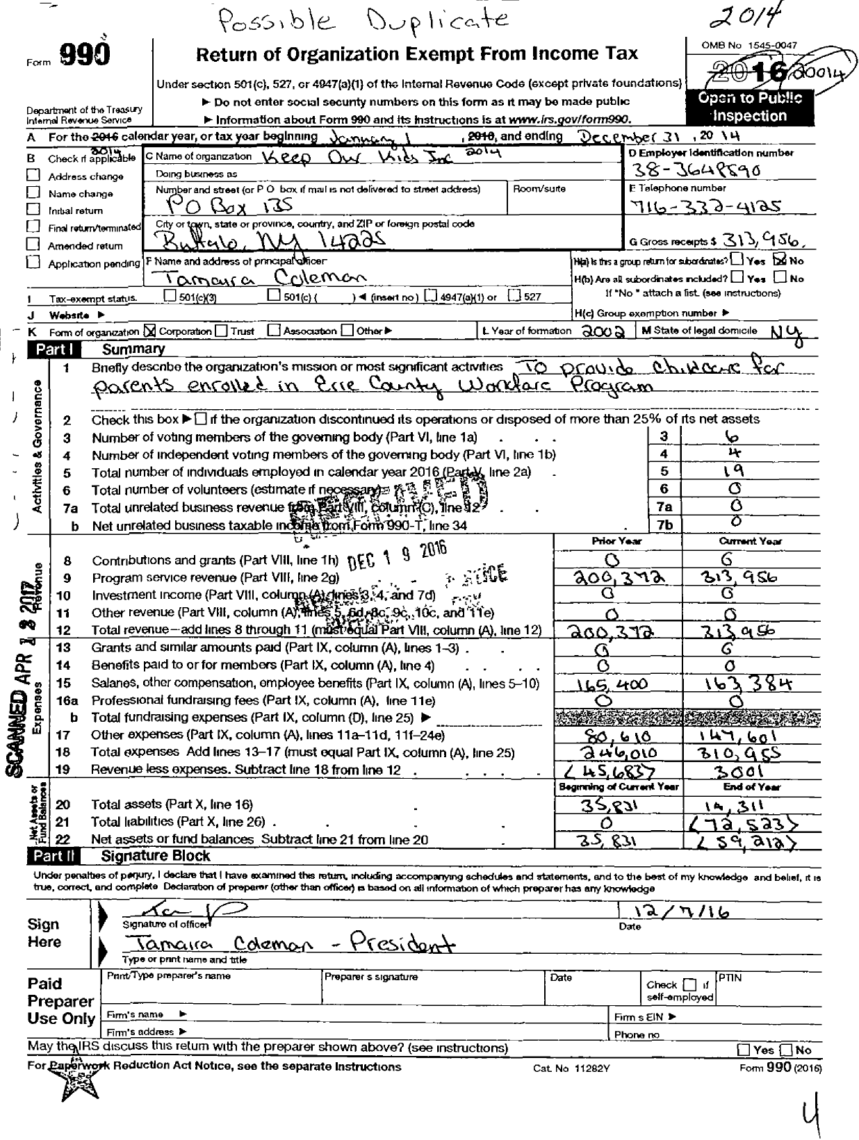 Image of first page of 2014 Form 990O for Keep Our Kids