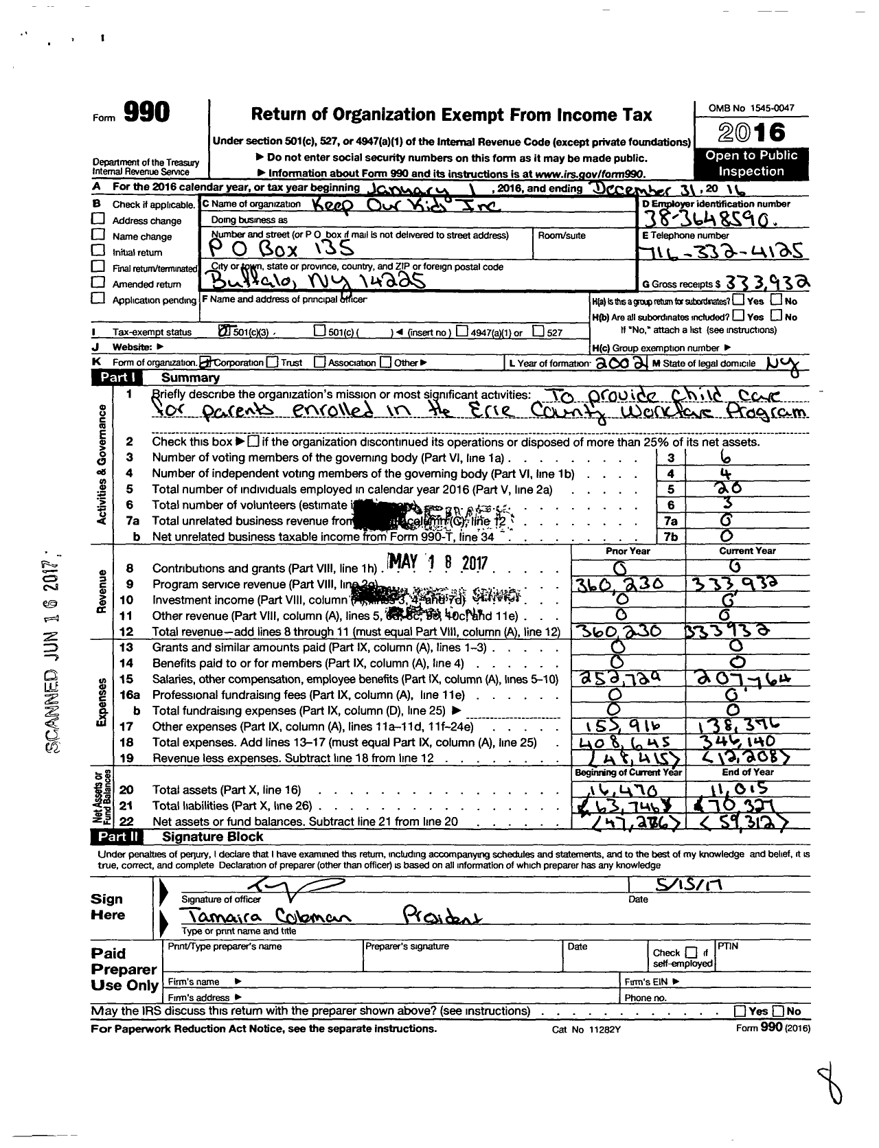 Image of first page of 2016 Form 990 for Keep Our Kids